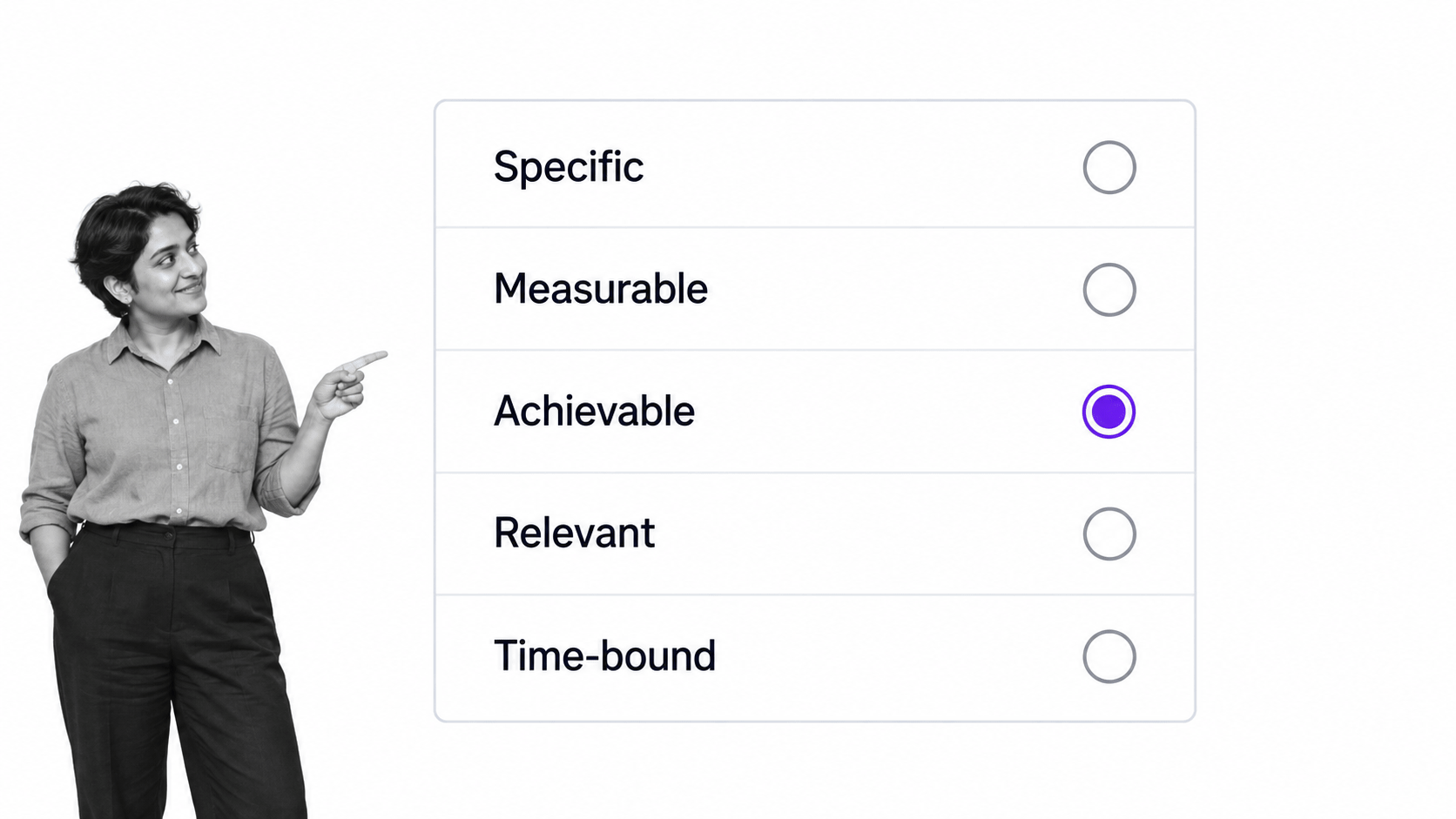 SMART goal framework connected to a business objective and progress review