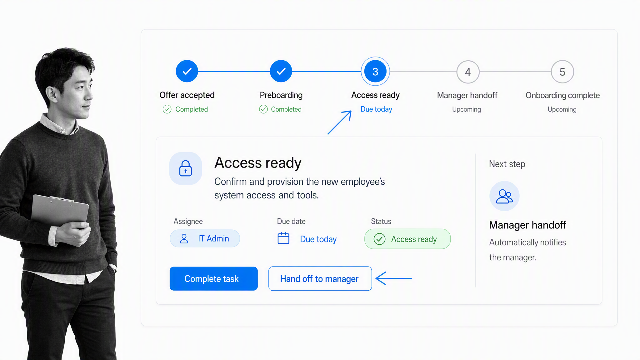 Employee onboarding workflow run for access readiness and manager handoff