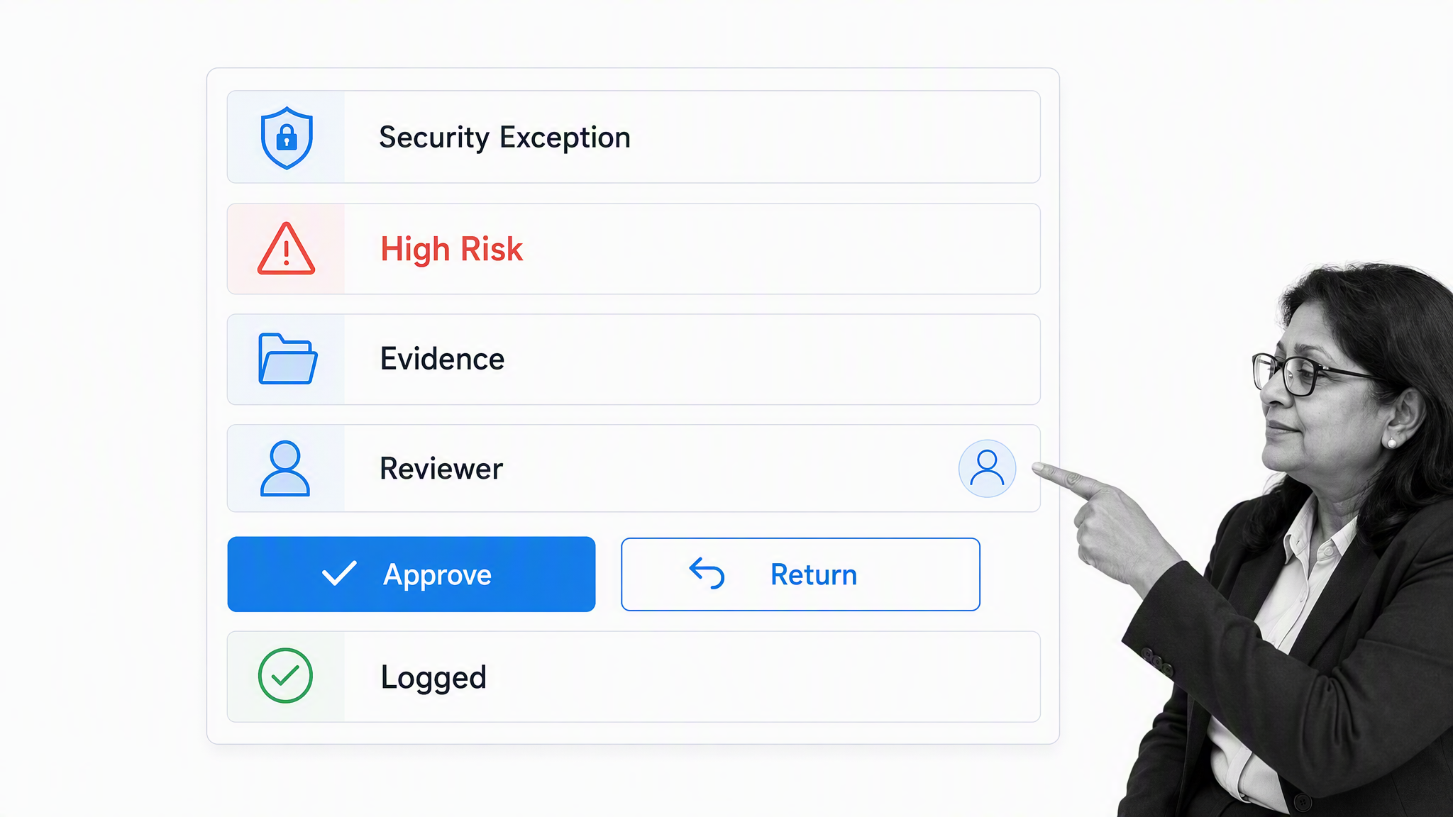 Mobile security exception approval with ownership, evidence, and expiration