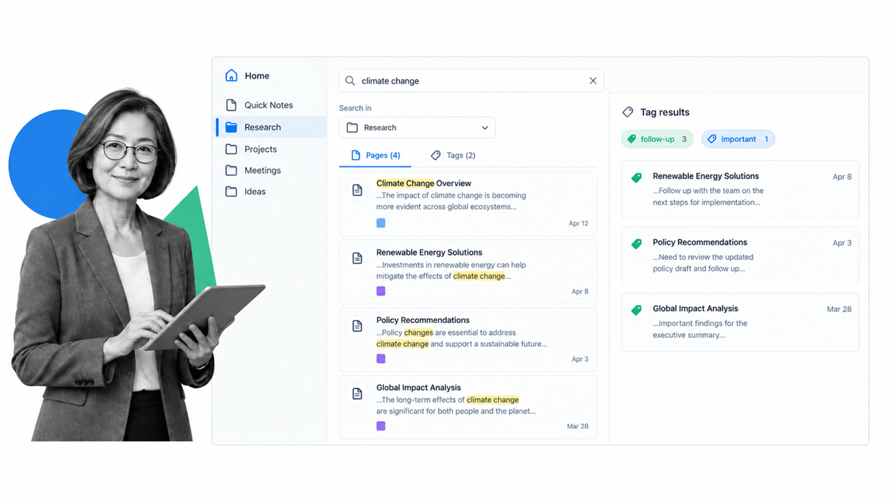 Scoped note search with page results and tag results