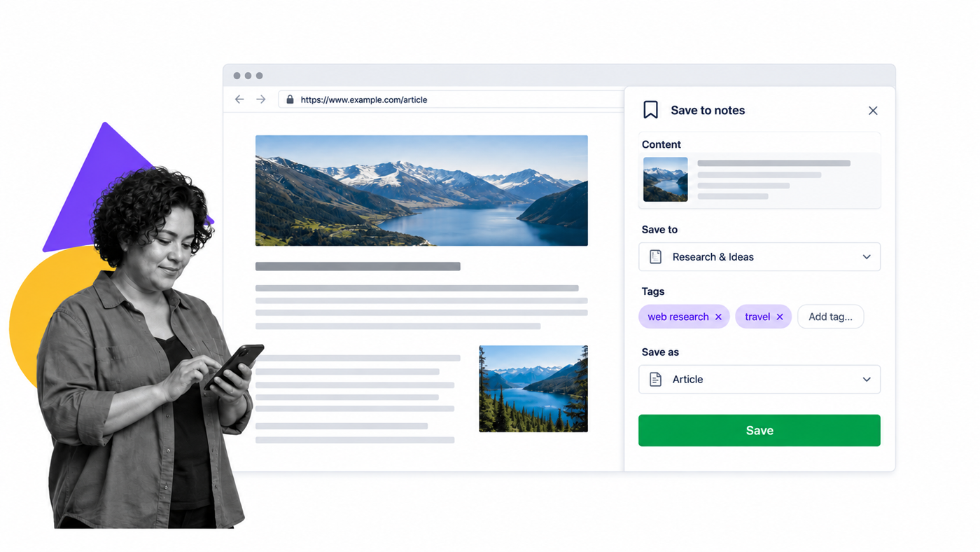 Web research clipping into a clean note with source details