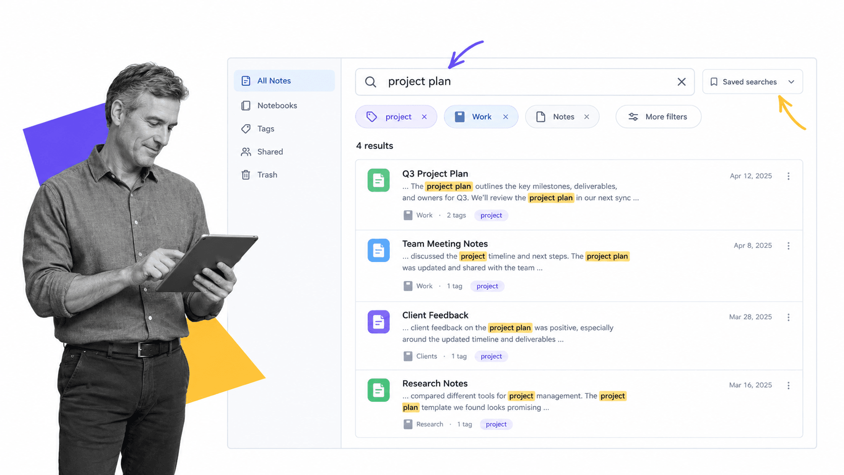 Search results across notes, attachments, and saved filters