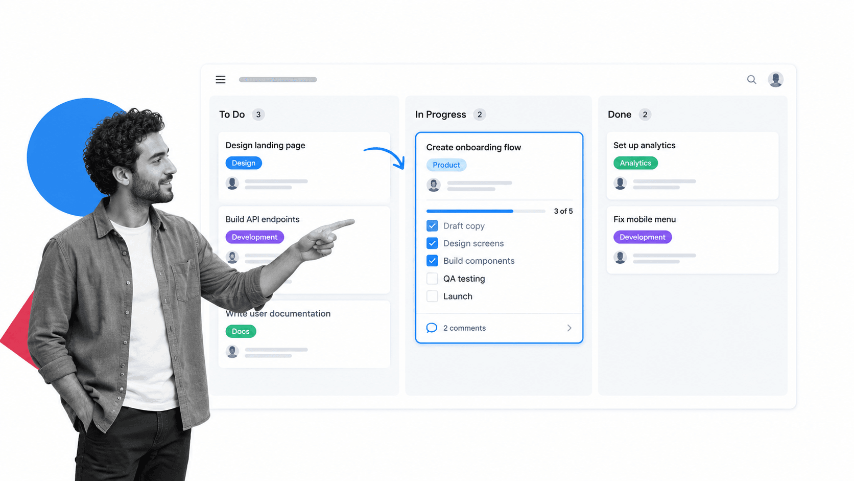 Trello Kanban board with lists, cards, labels, and a checklist
