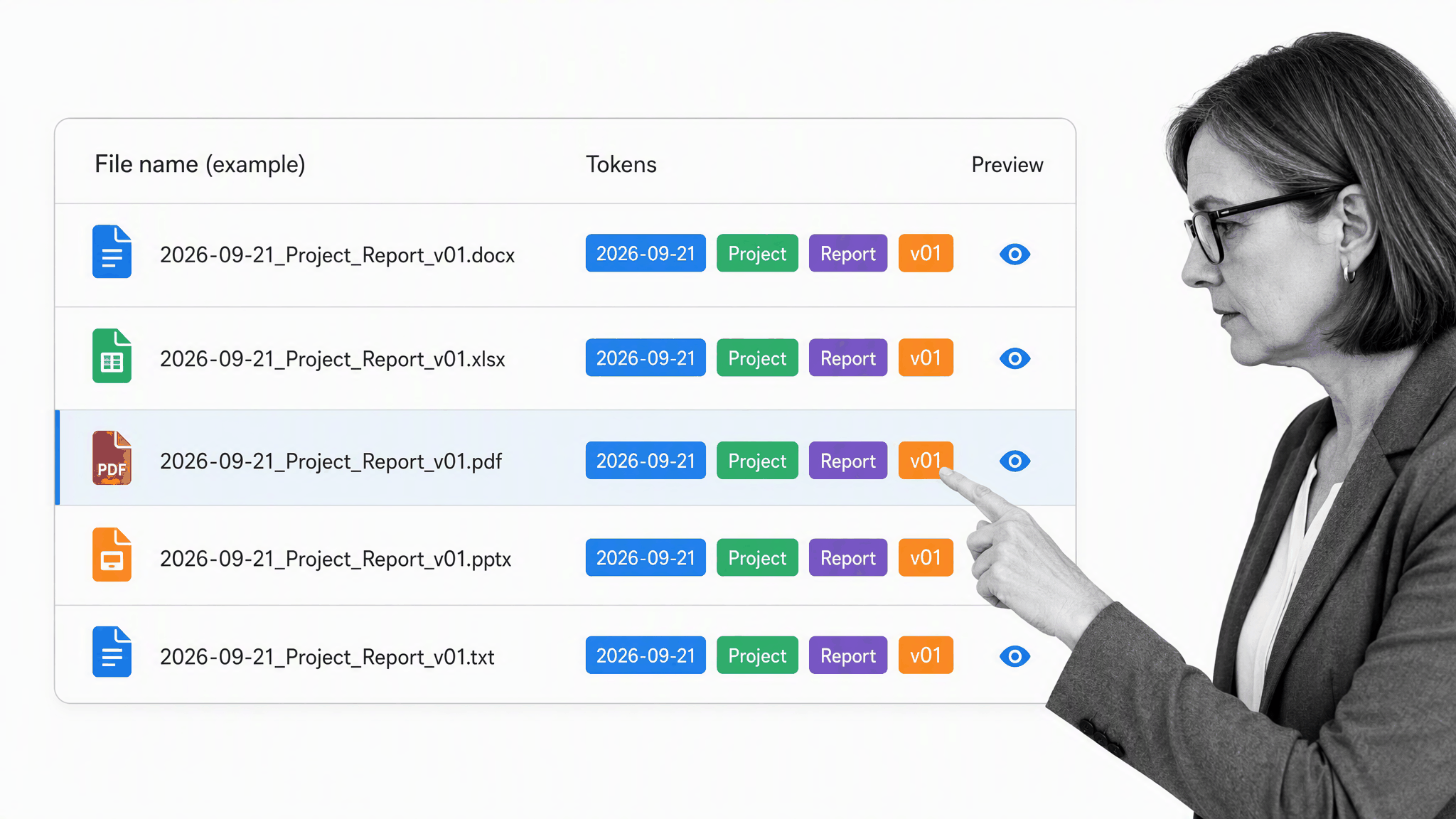 Consistent file naming pattern broken into date, project, document type, and version tokens
