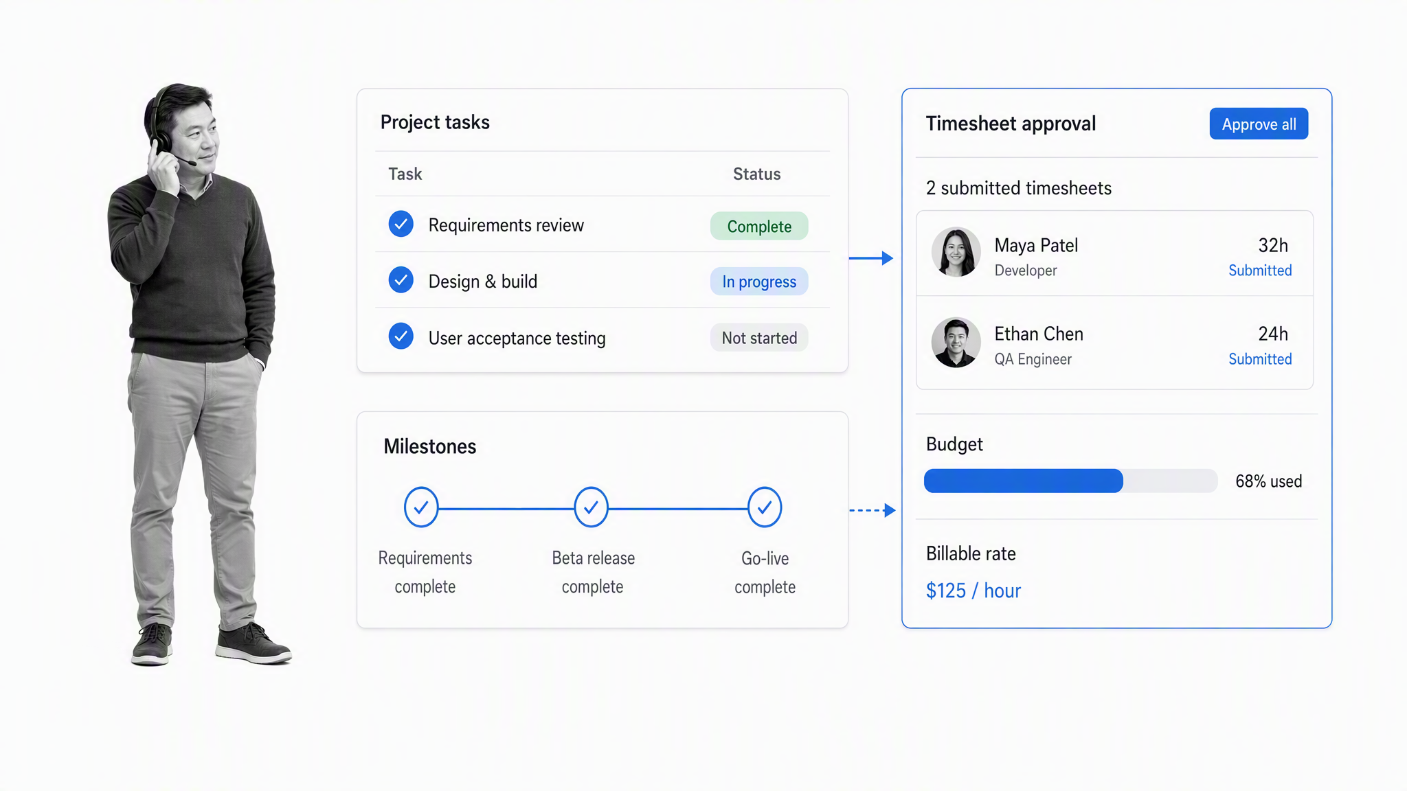 Asana project overview with timesheet approval, budget progress, and resource rate summary