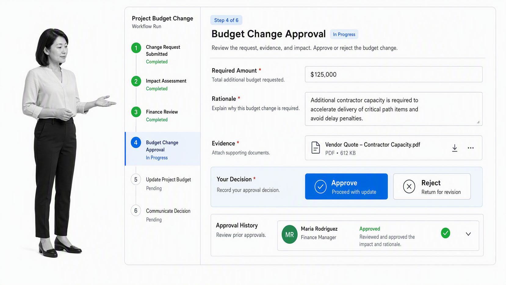 Process Street finance project budget change approval workflow with evidence and decision history