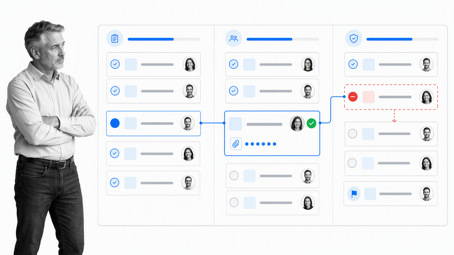 Month-end close workflow board with reconciliation, review, and sign-off stages
