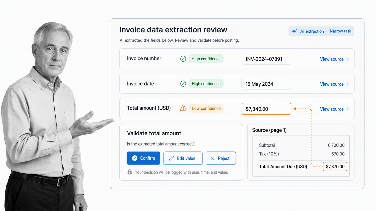 Finance reviewer validating a low-confidence field in a bounded AI-assisted task