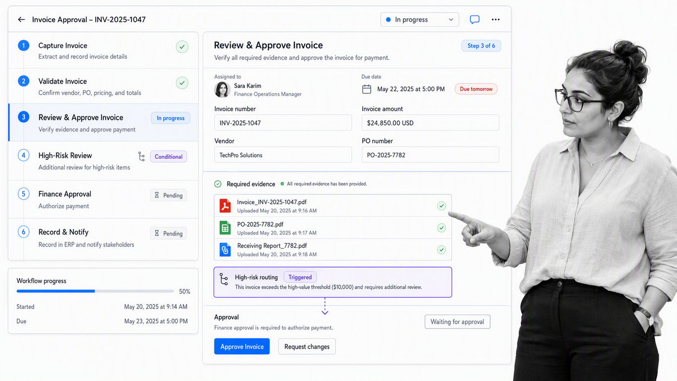 Finance manager reviewing evidence in a Process Street invoice approval workflow