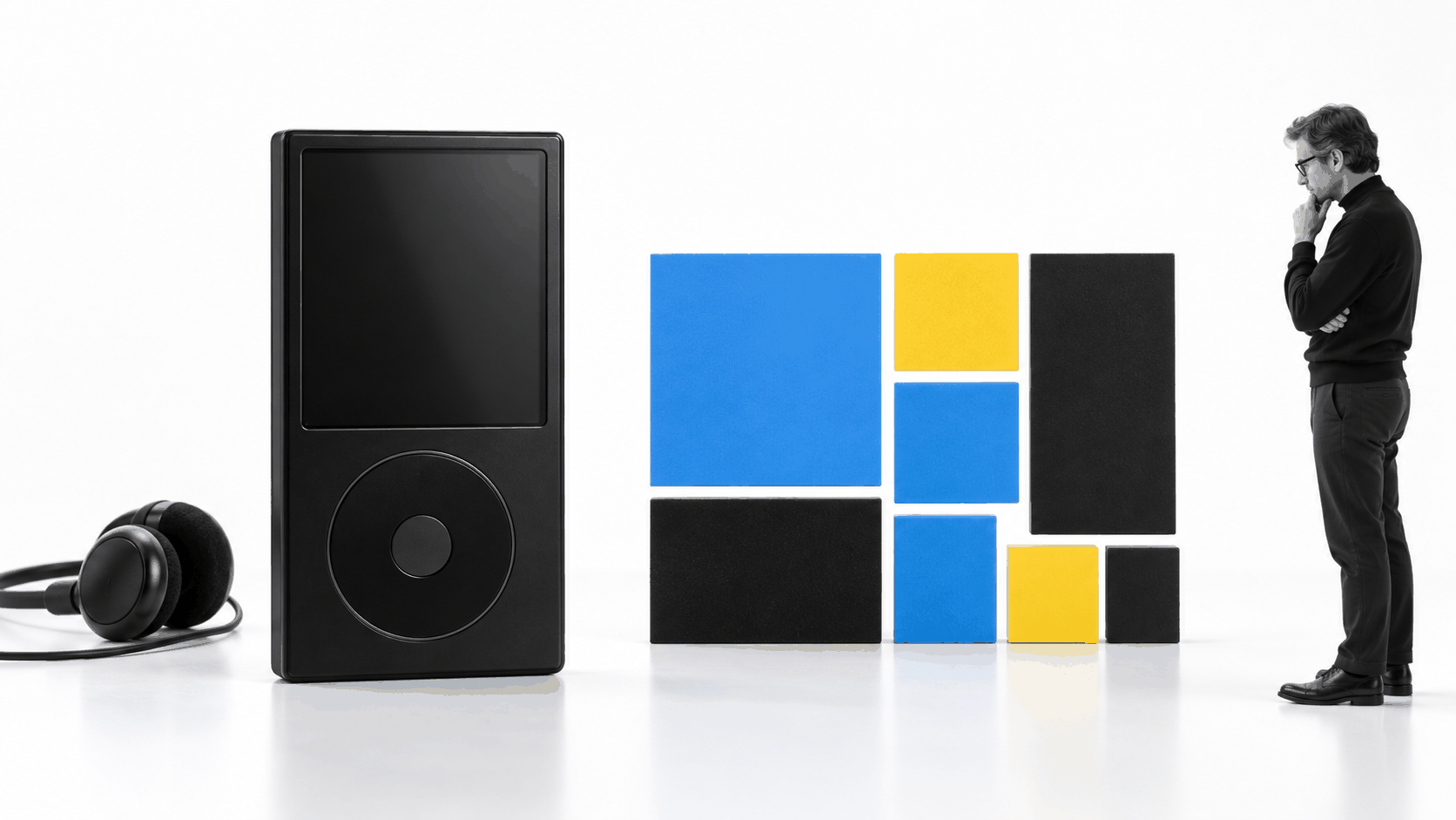 Portable music player beside physical tiles that foreshadow Microsoft Metro flat design