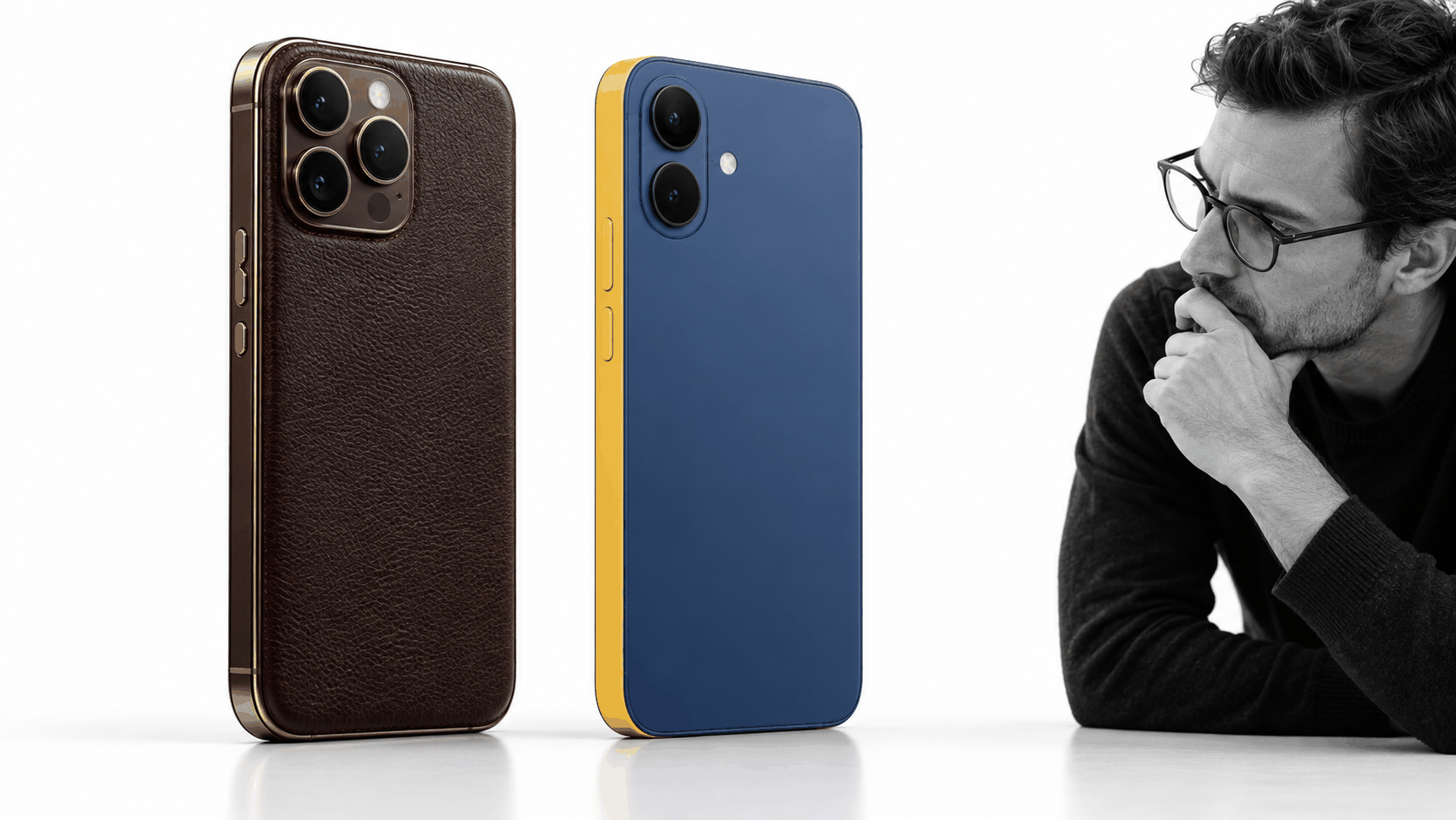 Skeuomorphic leather phone design compared with a clean flat phone design