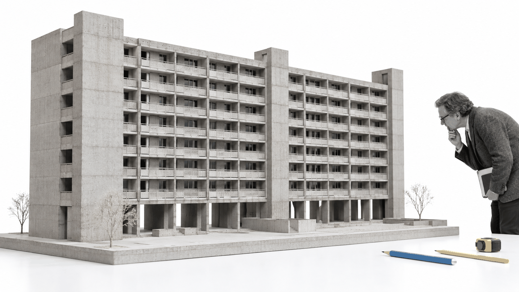 Architectural historian examining a functional concrete Modernist apartment model