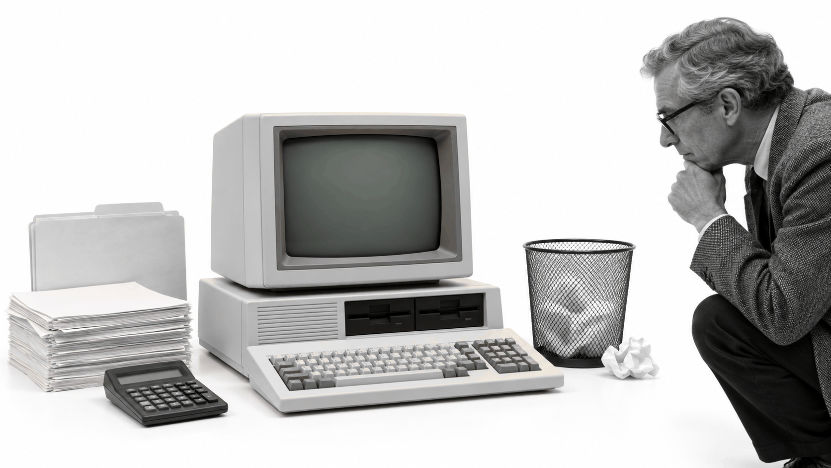 Early graphical desktop metaphors shown beside a 1980s personal computer