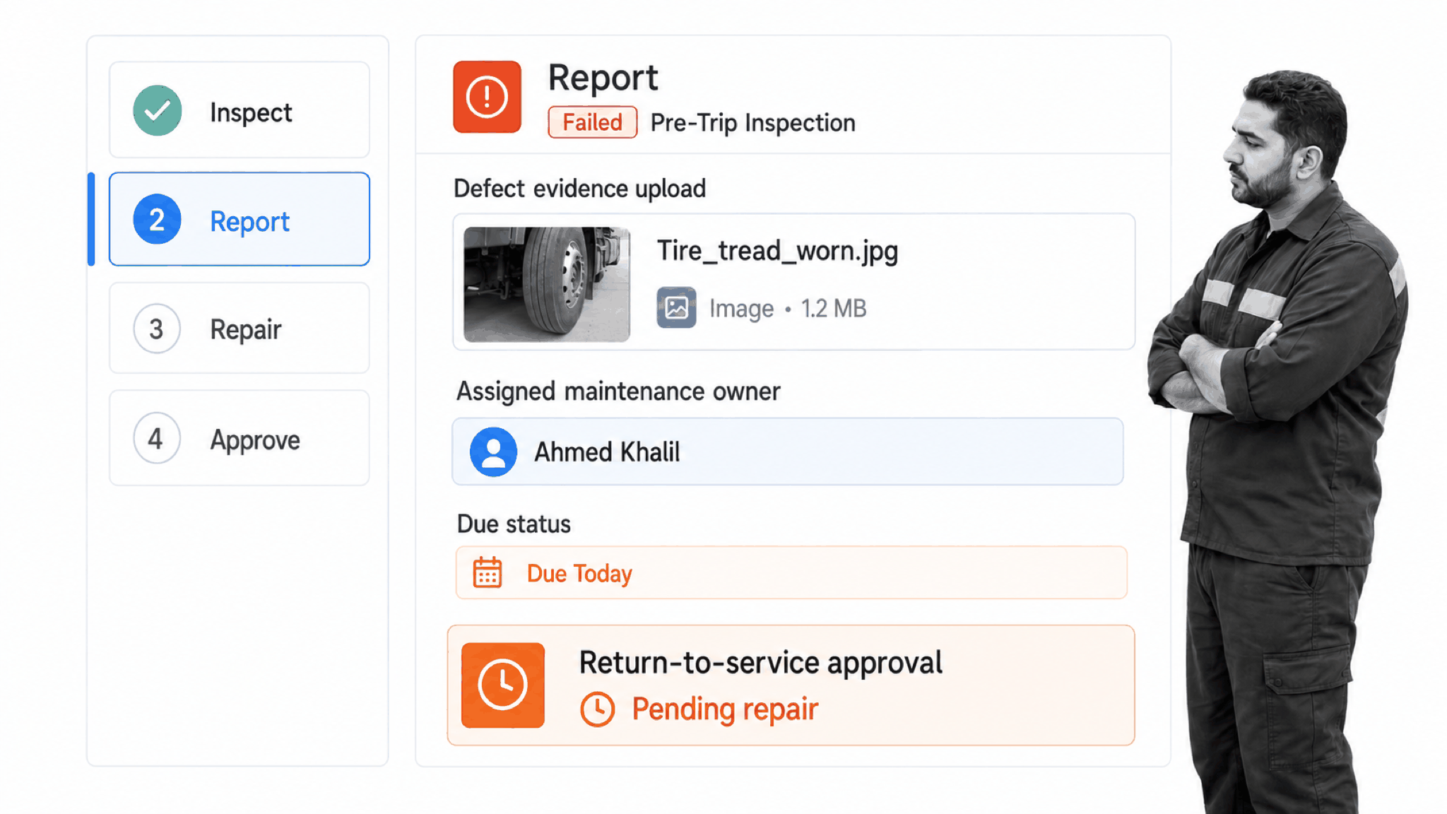 Fleet inspection workflow showing defect evidence and return-to-service approval pending repair