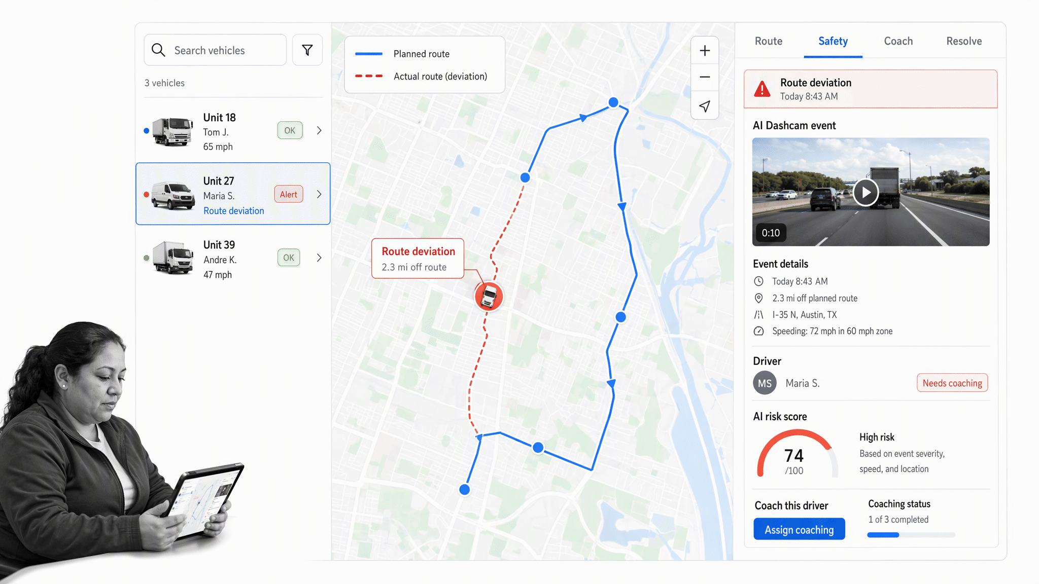 Fleet safety dashboard showing a route deviation, dashcam event, and driver coaching action
