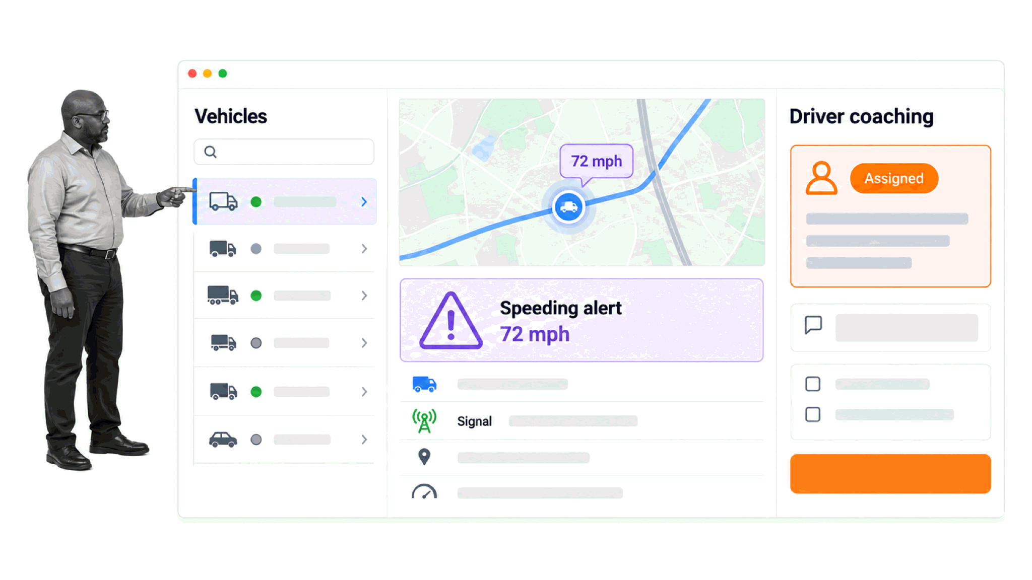 Fleet operations software showing a vehicle signal, speeding alert, and assigned driver coaching action