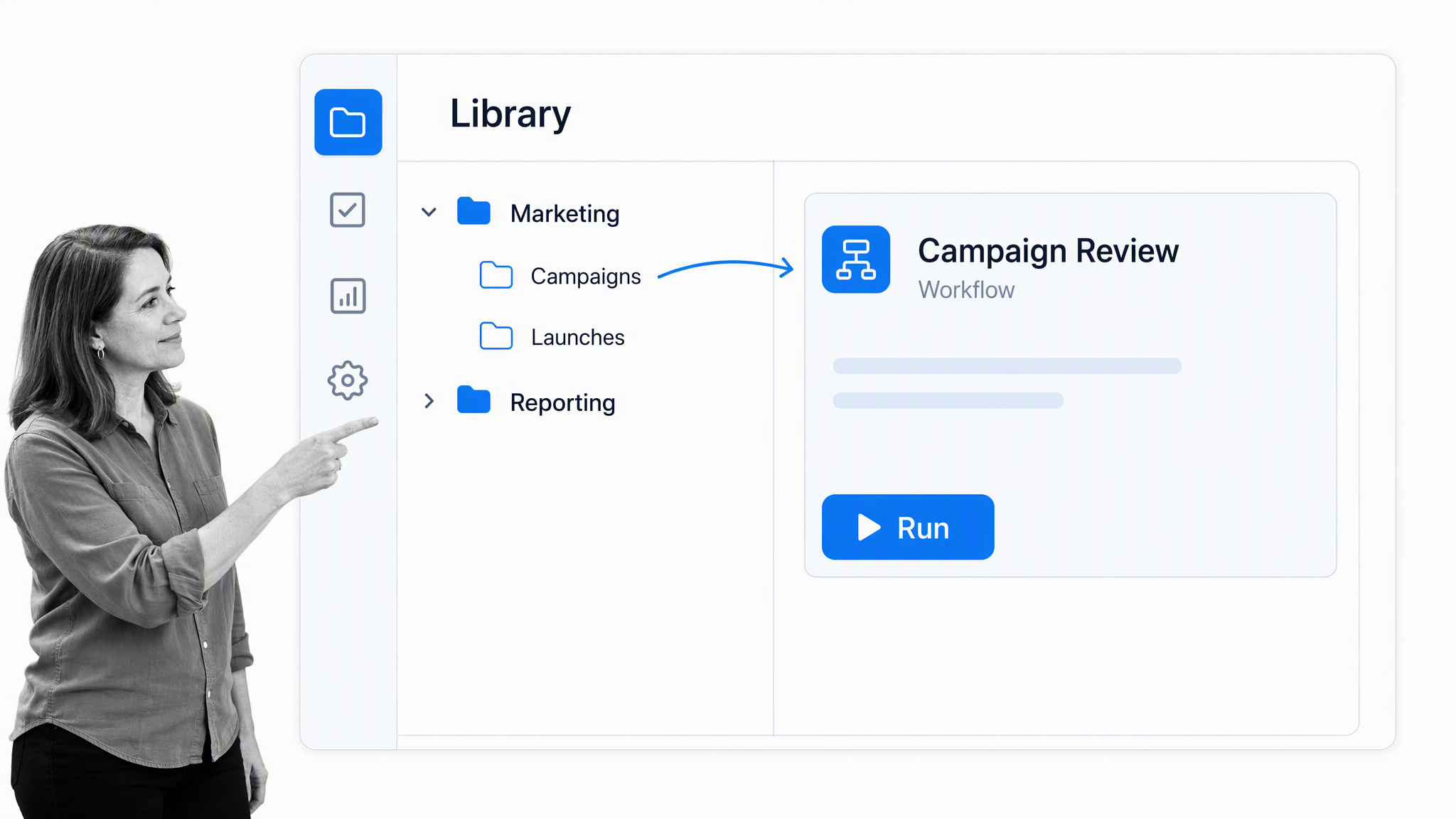 Operations manager reviewing workflows organized in Library folders