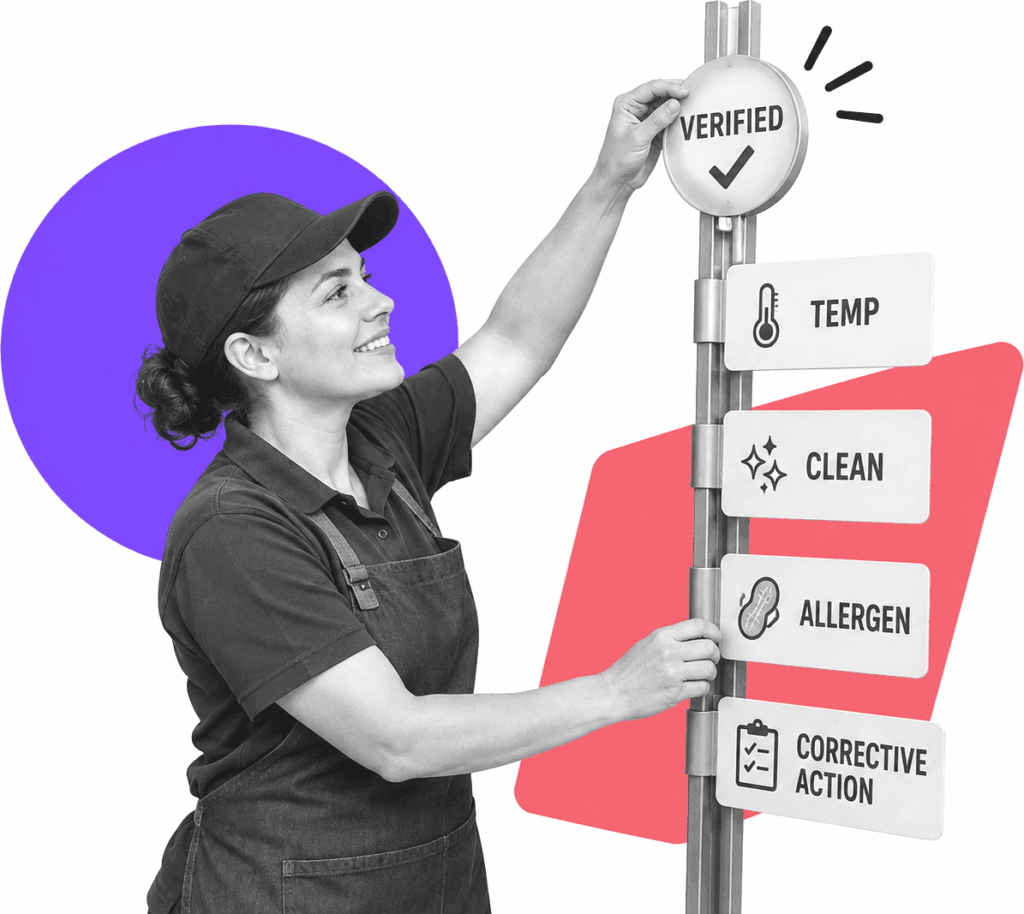 A sanitation supervisor verifies a food safety control rail labeled for temperature, cleaning, allergens, and corrective action.