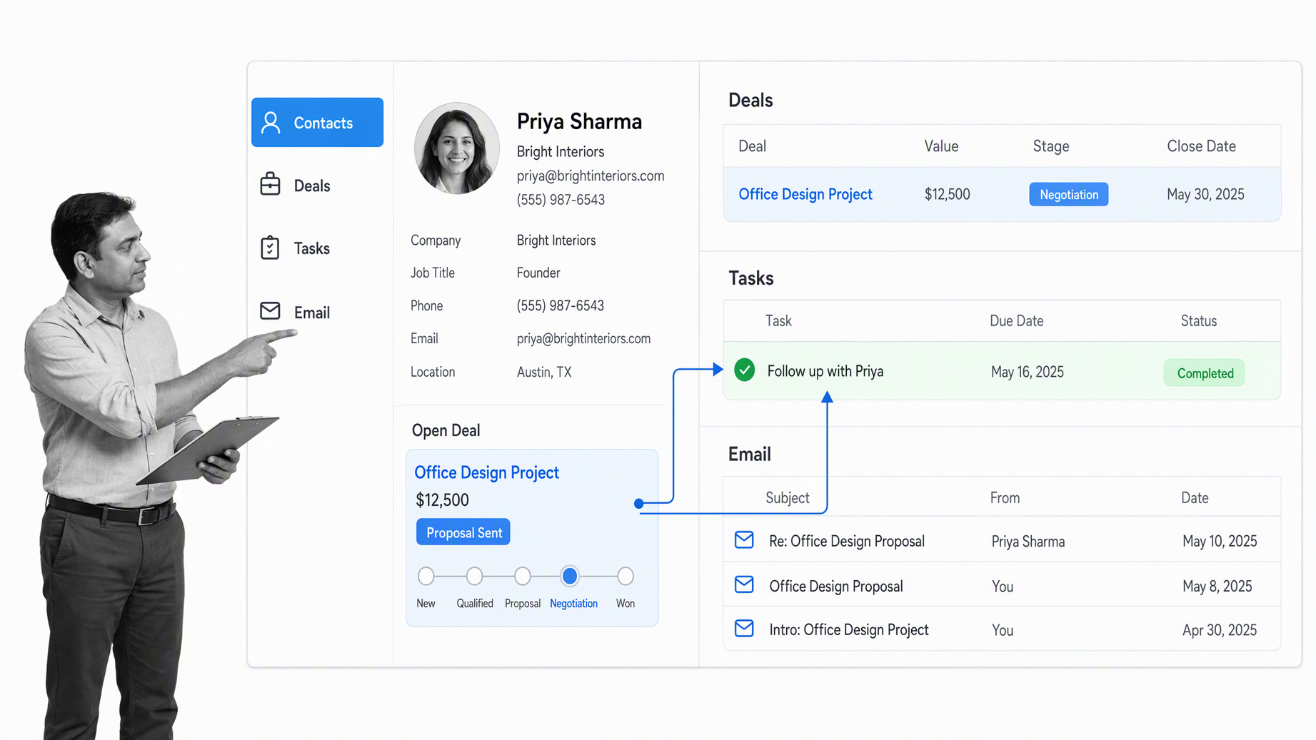 Agile CRM contact and deal workspace with a small-business operator reviewing the work