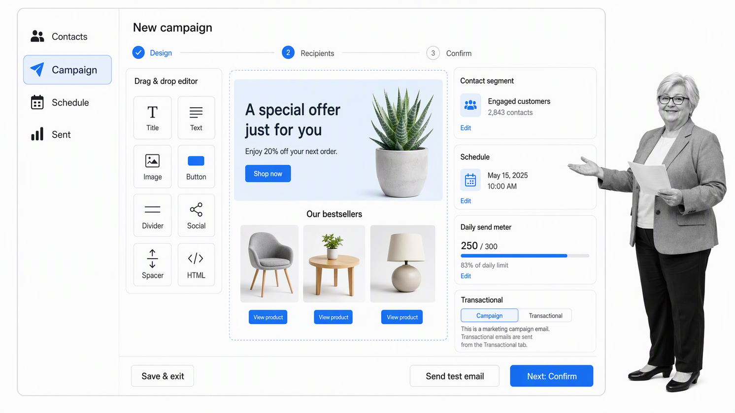 Brevo email campaign workspace with a small-business operator reviewing the work