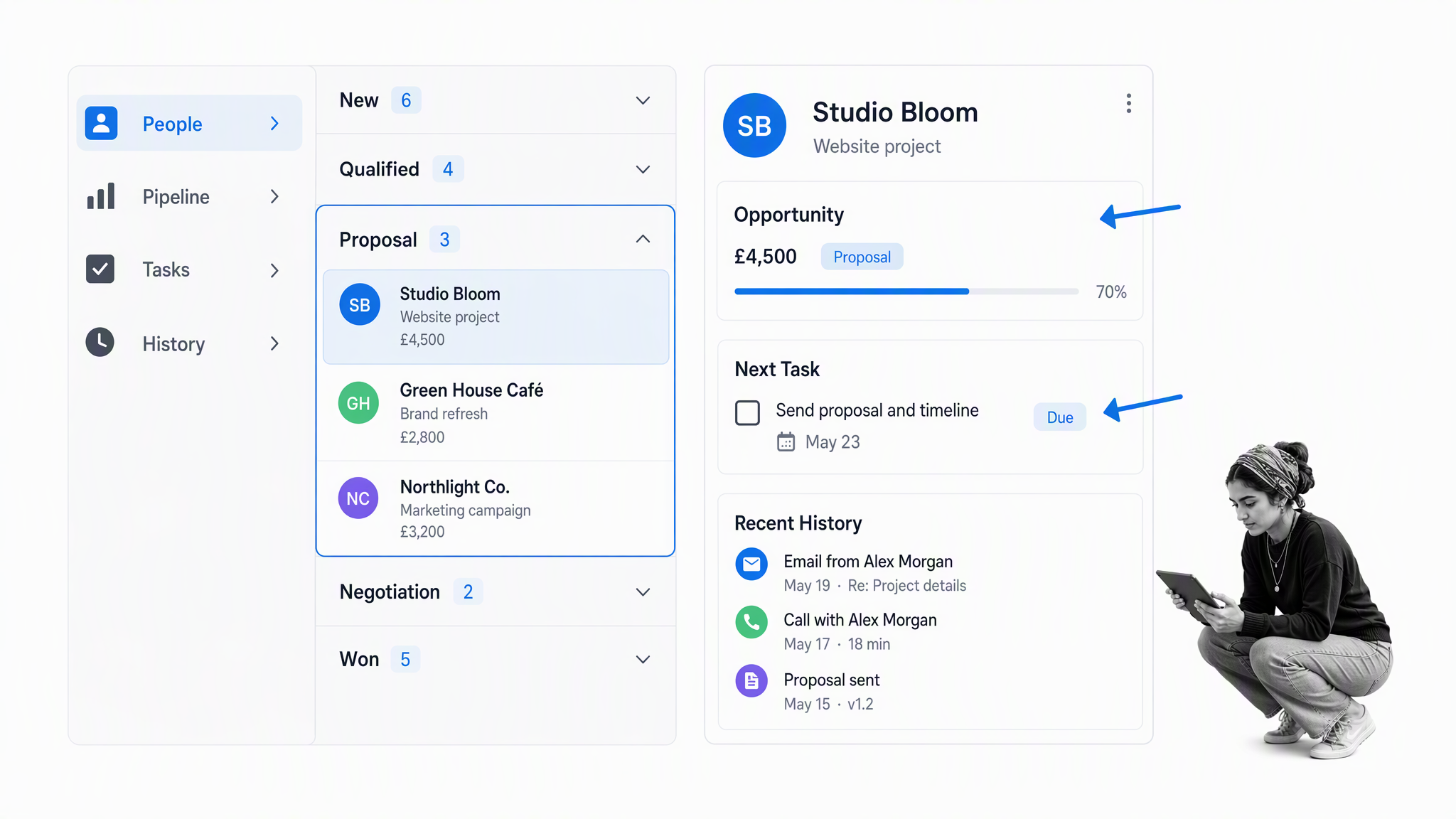 Capsule contact pipeline workspace with a small-business operator reviewing the work