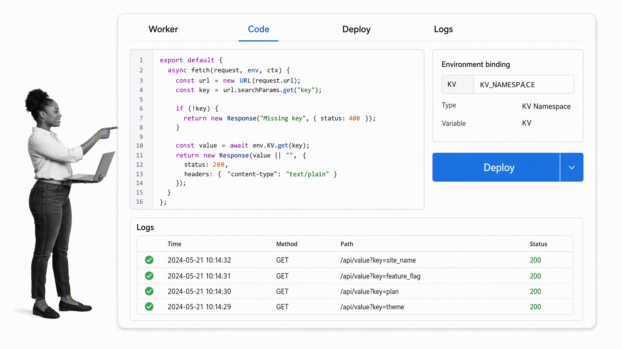 Cloudflare Workers serverless deployment workspace with a small-business operator reviewing the work