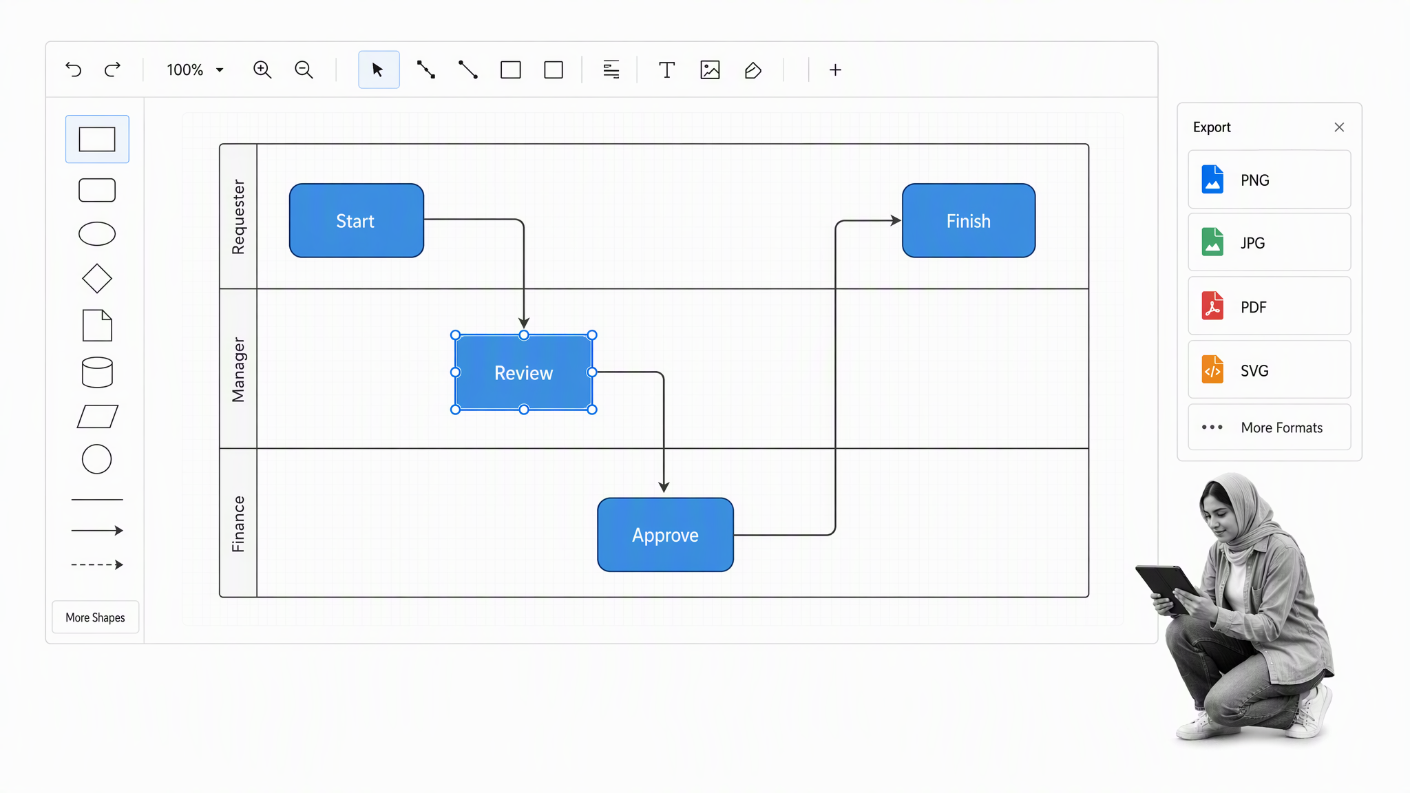 diagrams.net process diagram canvas with a small-business operator reviewing the work