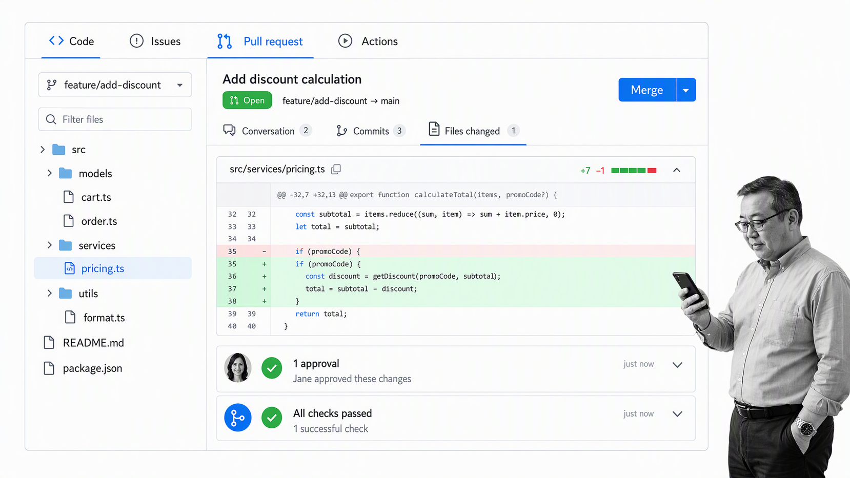 GitHub repository pull request workspace with a small-business operator reviewing the work
