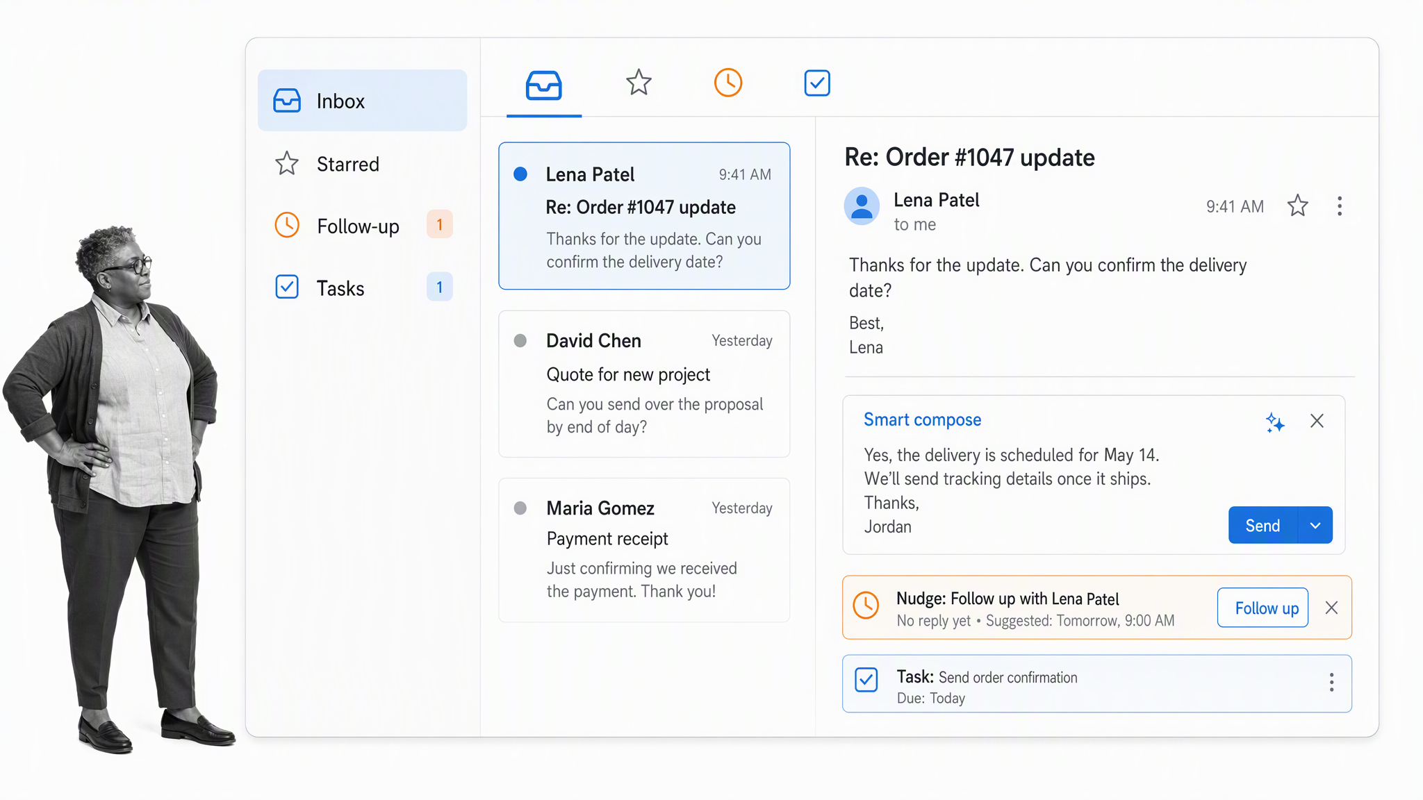 Gmail priority inbox workspace with a small-business operator reviewing the work