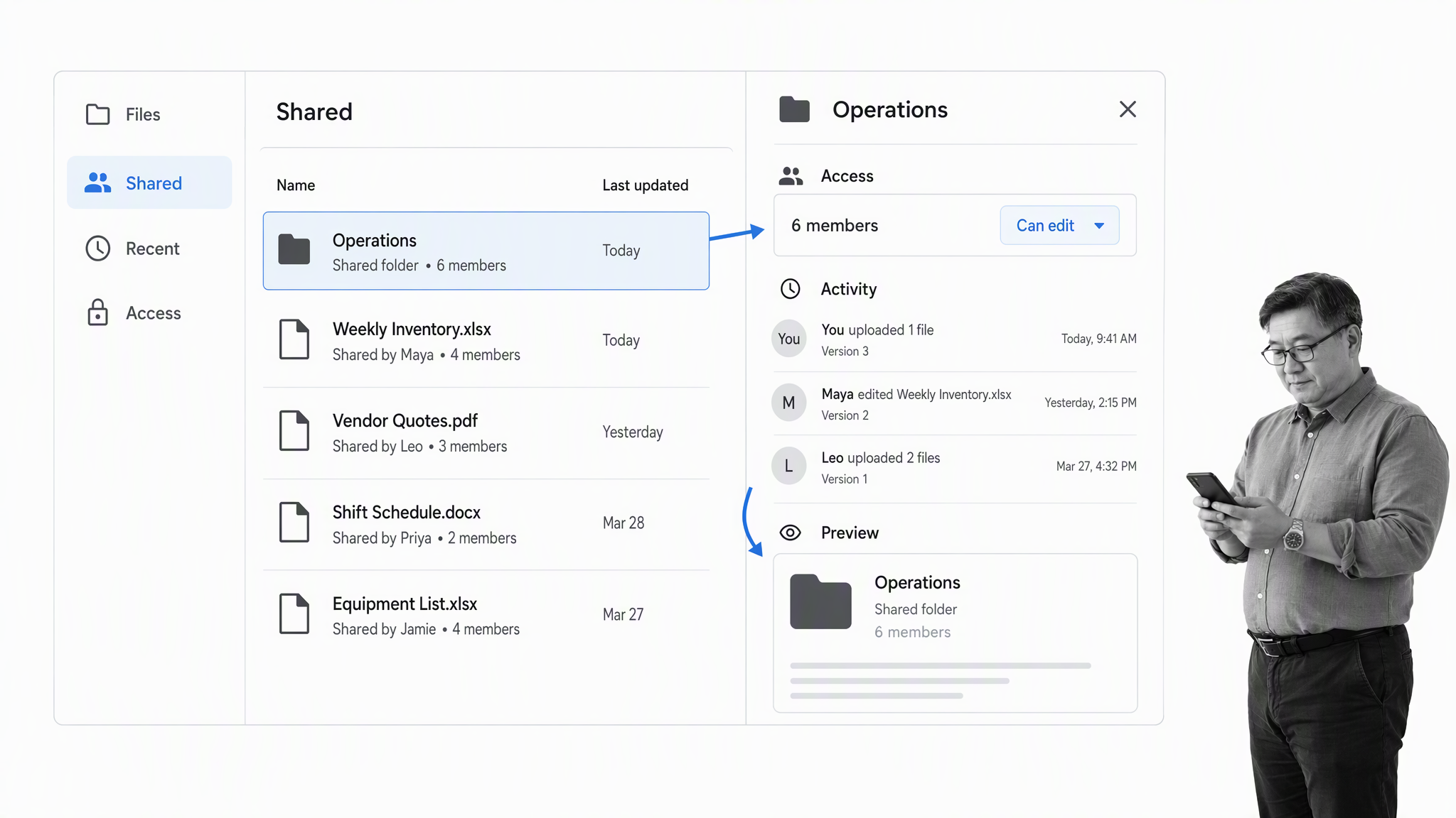 Google Drive brand-neutral shared file workspace with a small-business operator reviewing the work