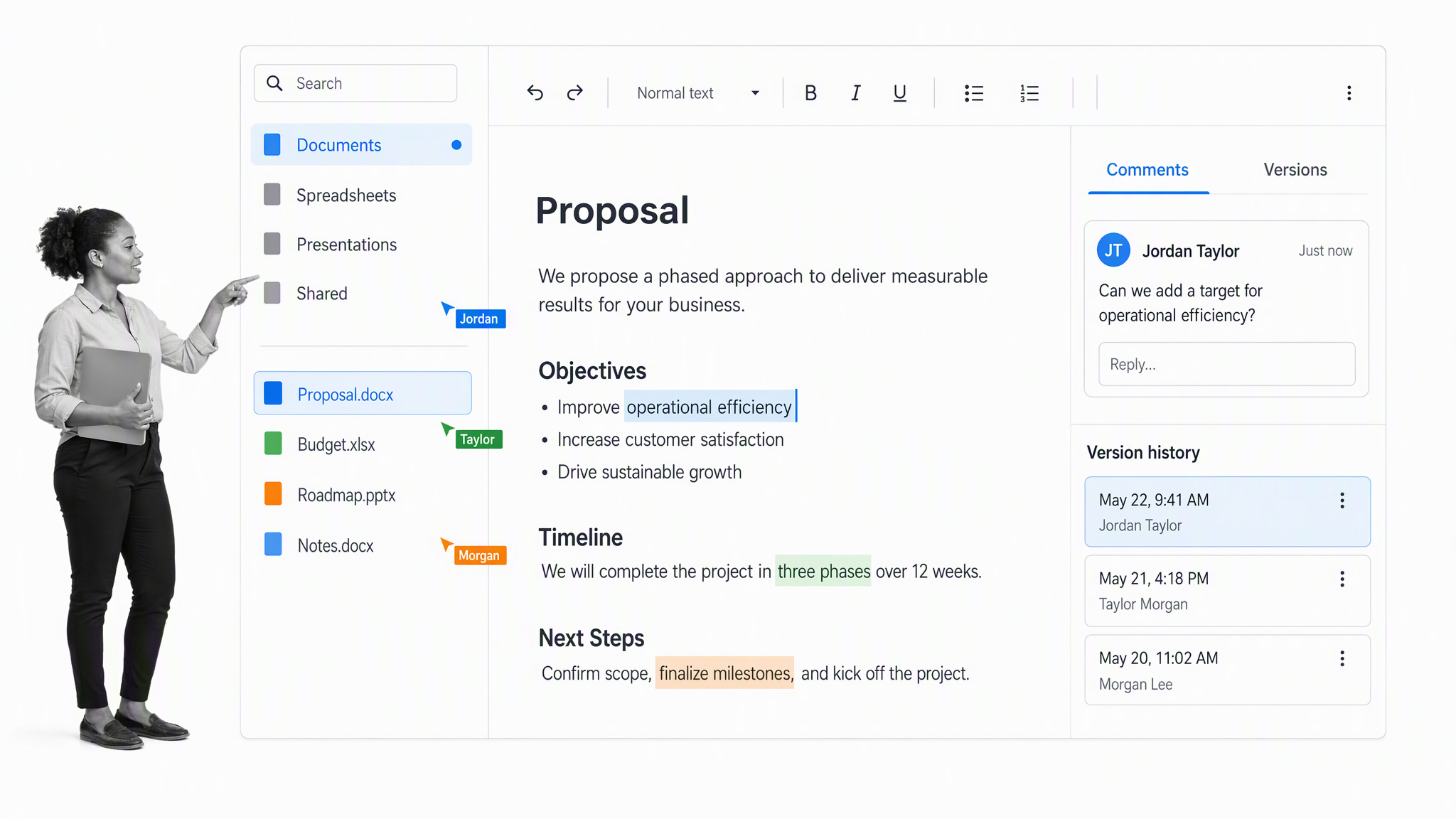 Google Workspace brand-neutral shared document workspace with a small-business operator reviewing the work