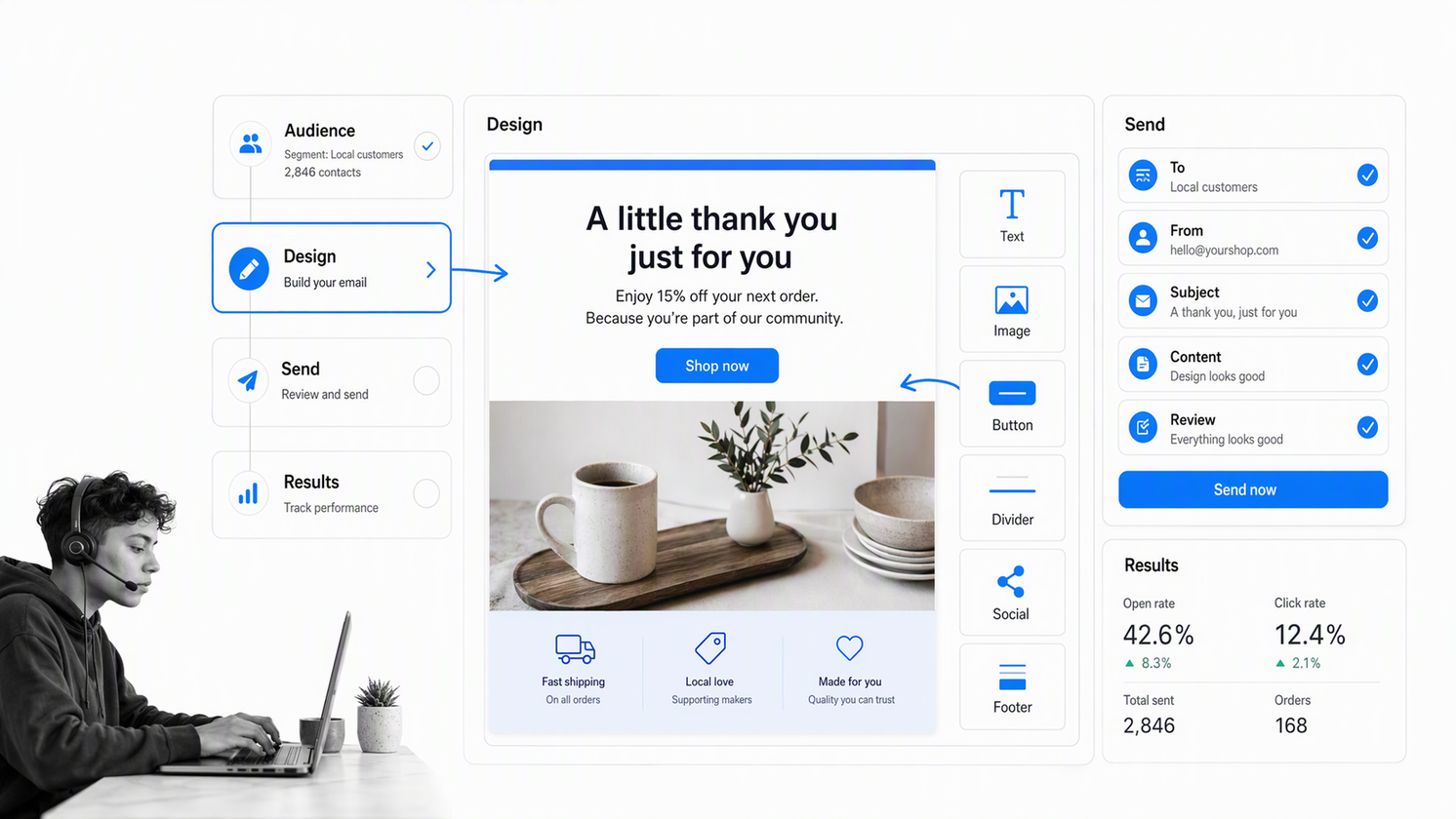 Mailchimp campaign builder workspace with a small-business operator reviewing the work