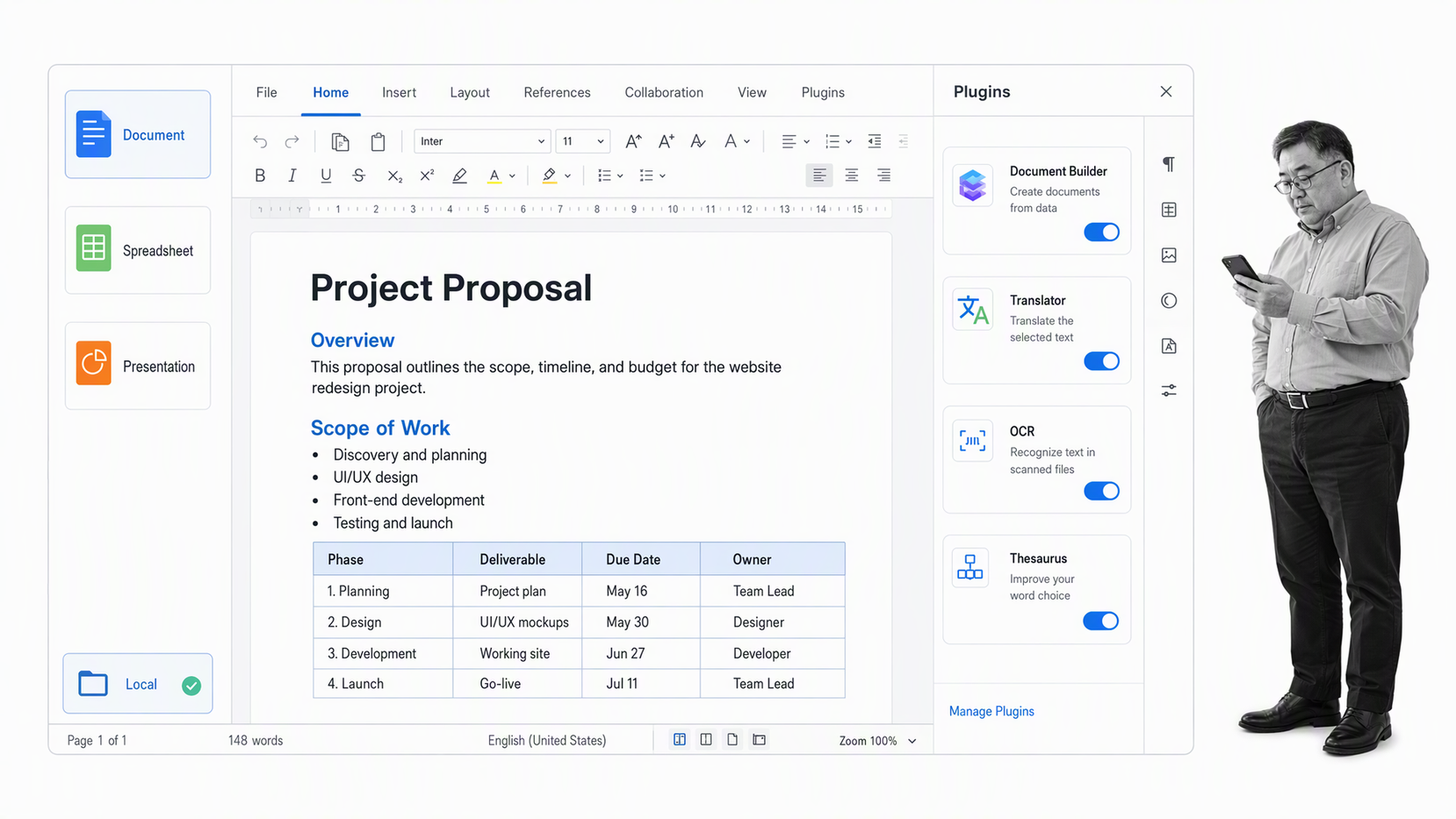 ONLYOFFICE Desktop Editors local document editor with a small-business operator reviewing the work