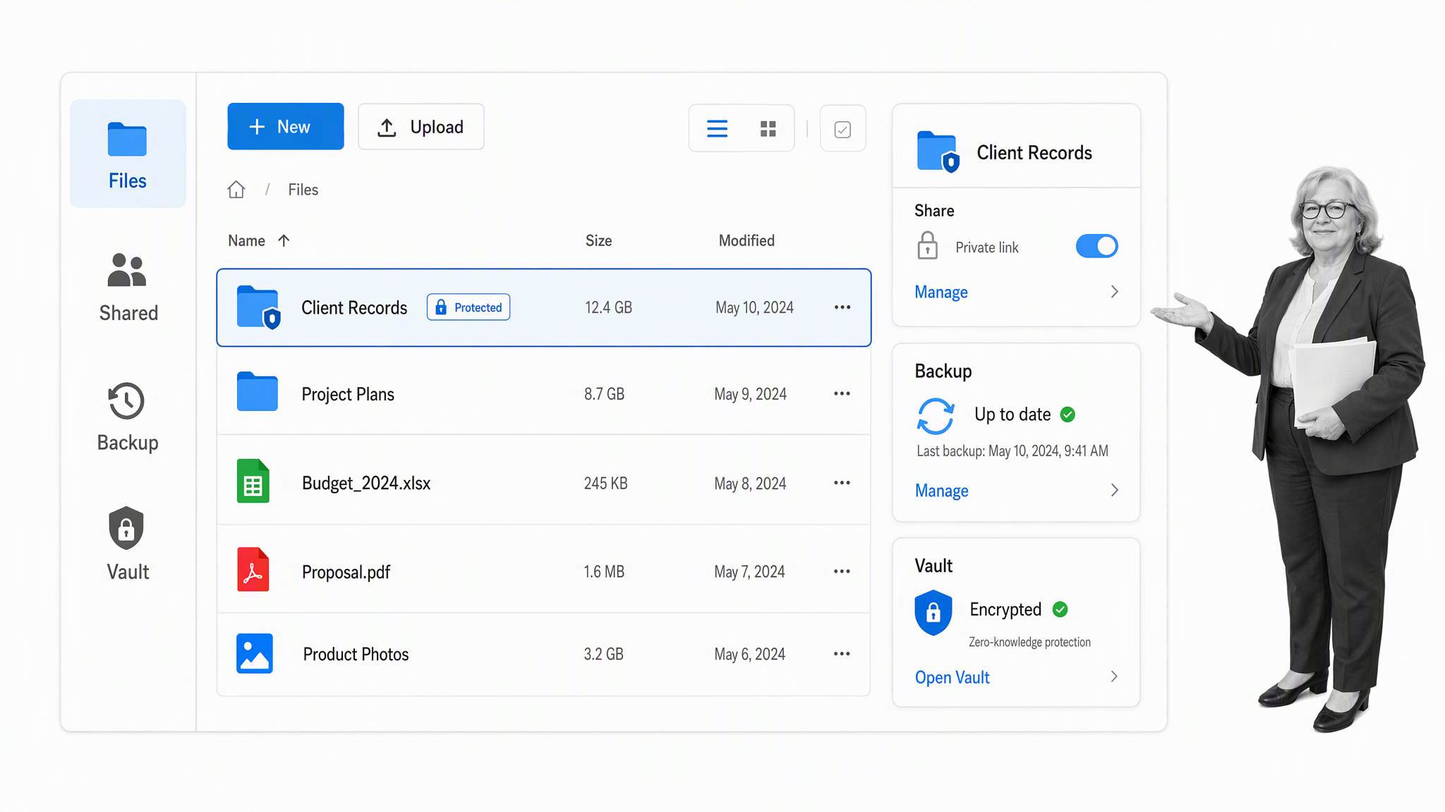 pCloud secure file workspace with a small-business operator reviewing the work
