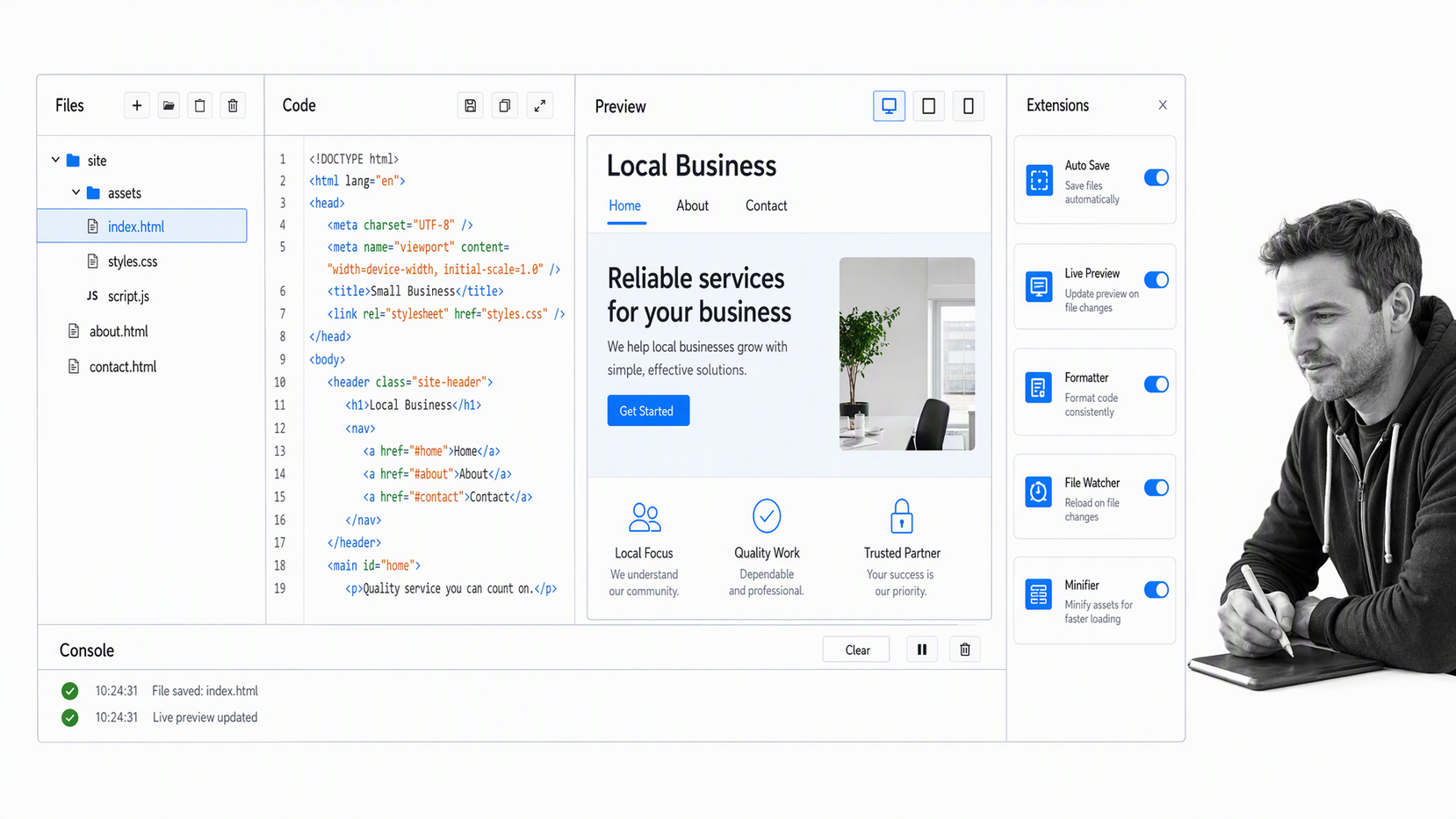 Phoenix Code brand-neutral web code editor workspace with a small-business operator reviewing the work