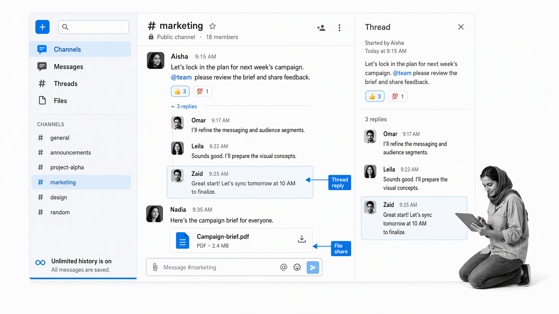 Pumble team channel workspace with a small-business operator reviewing the work