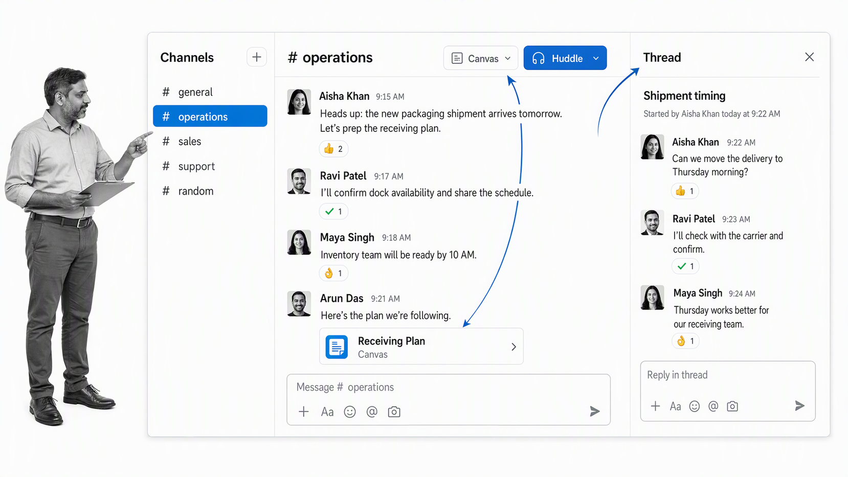 Slack channel conversation workspace with a small-business operator reviewing the work