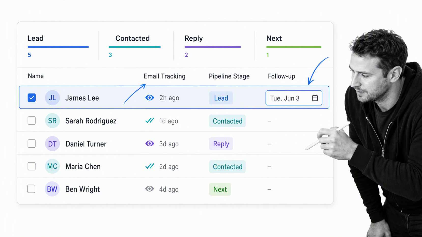 Streak email pipeline workspace with a small-business operator reviewing the work
