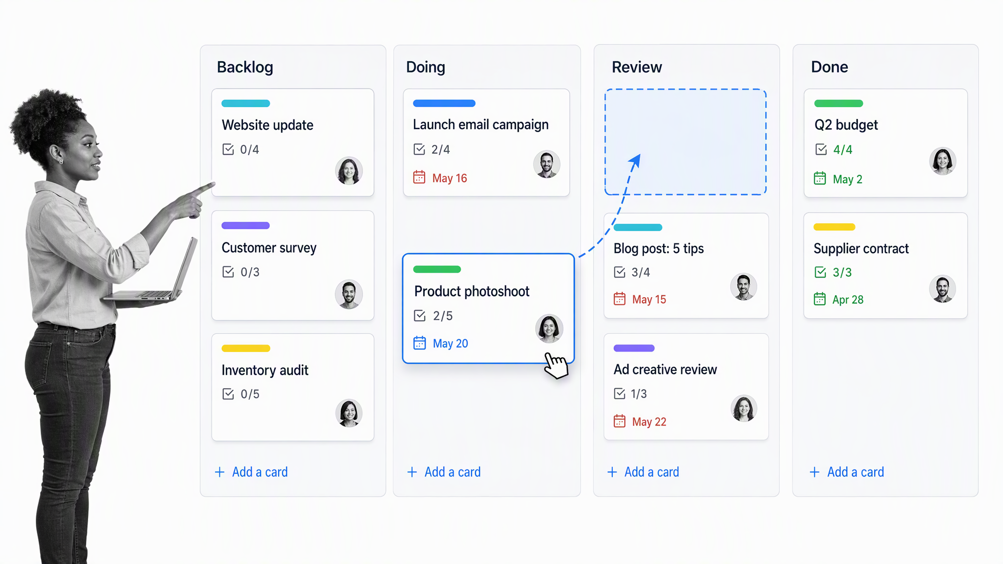 Trello kanban project board with a small-business operator reviewing the work