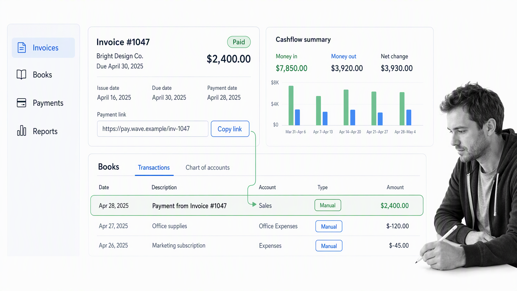 Wave bookkeeping and invoicing workspace with a small-business operator reviewing the work