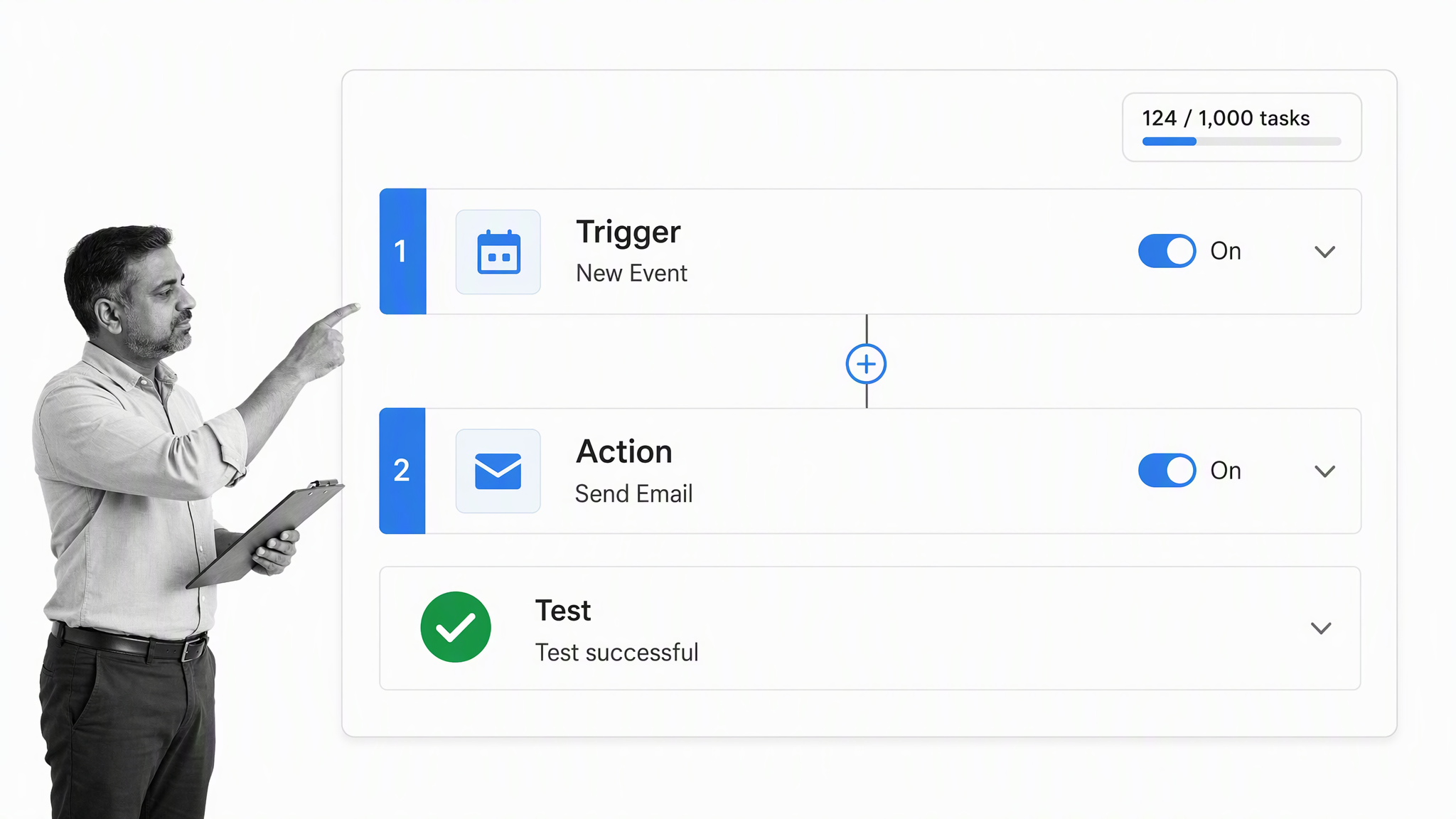 Zapier two-step automation builder with a small-business operator reviewing the work