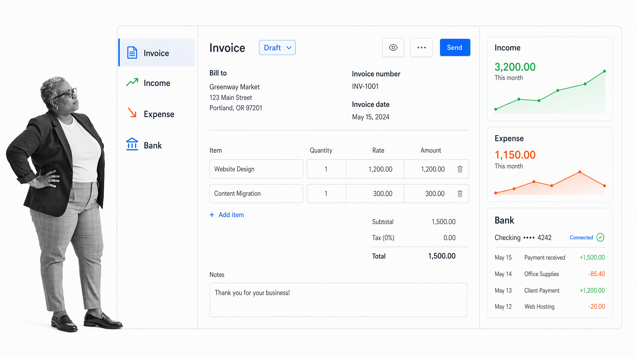 ZipBooks invoice and bookkeeping workspace with a small-business operator reviewing the work