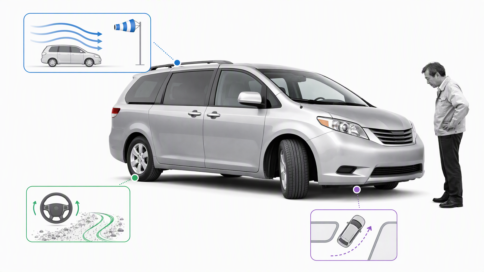 A Toyota engineer observes a minivan under real wind, road, and parking conditions