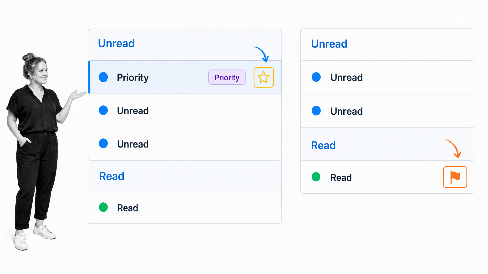 Organized email inbox with priority signals and a calm team member