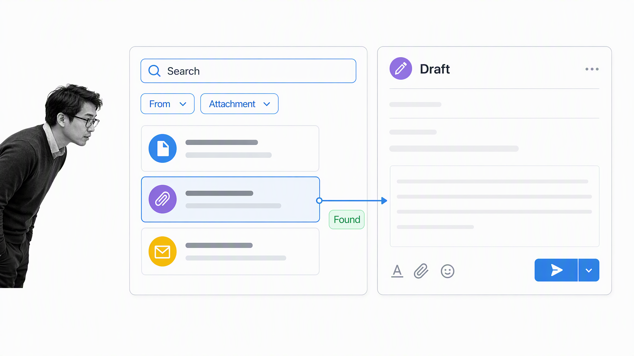 Email search and message composition tools with a focused knowledge worker