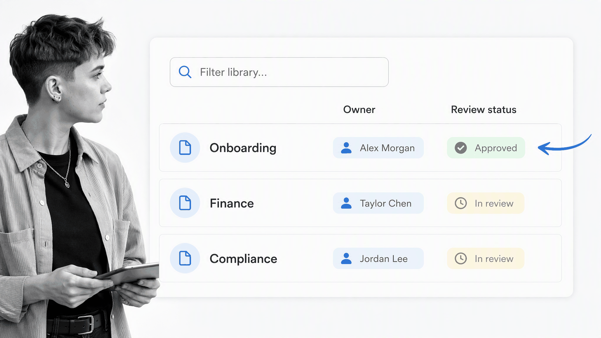 Governed process library organized by owner and review status