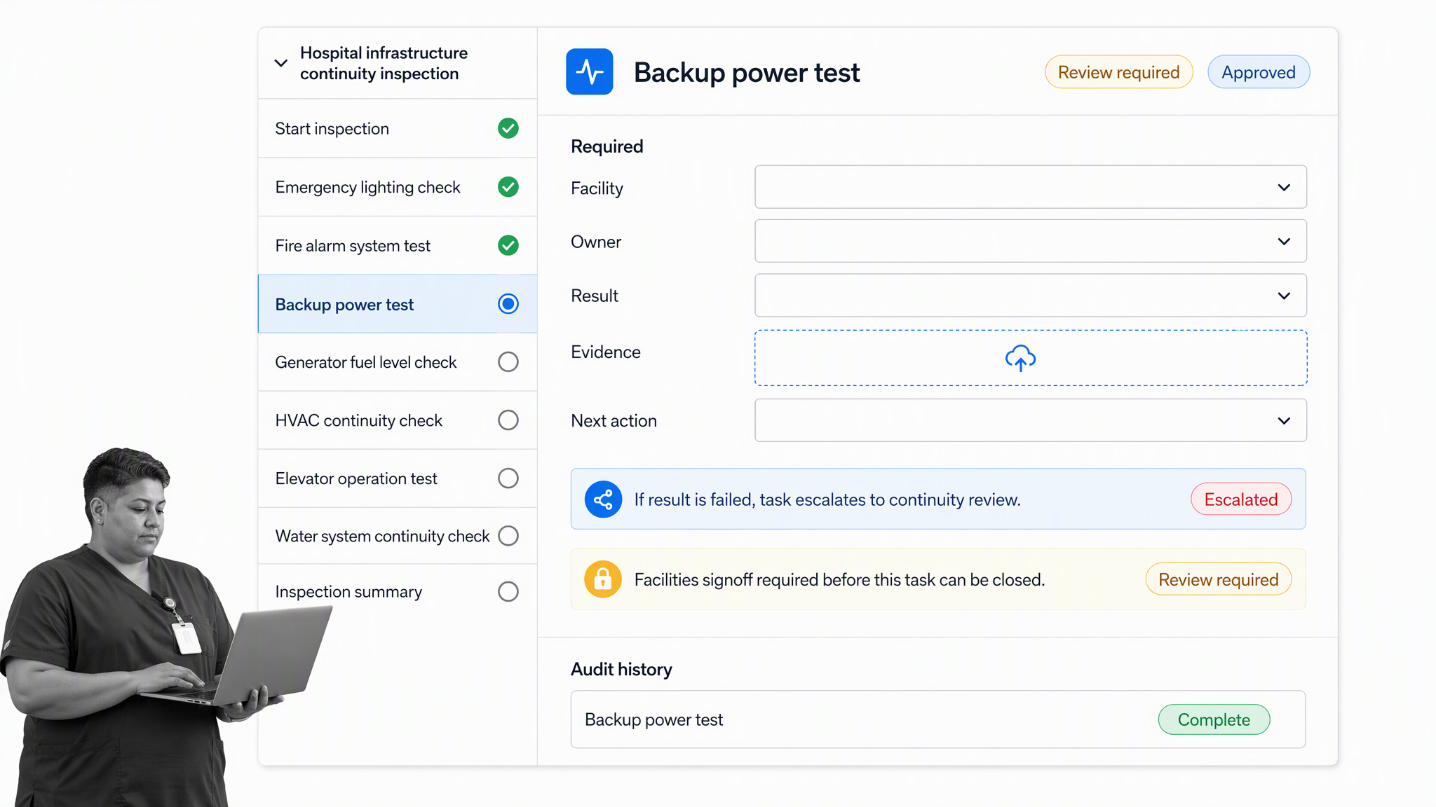 Process Street healthcare infrastructure continuity workflow with backup power test