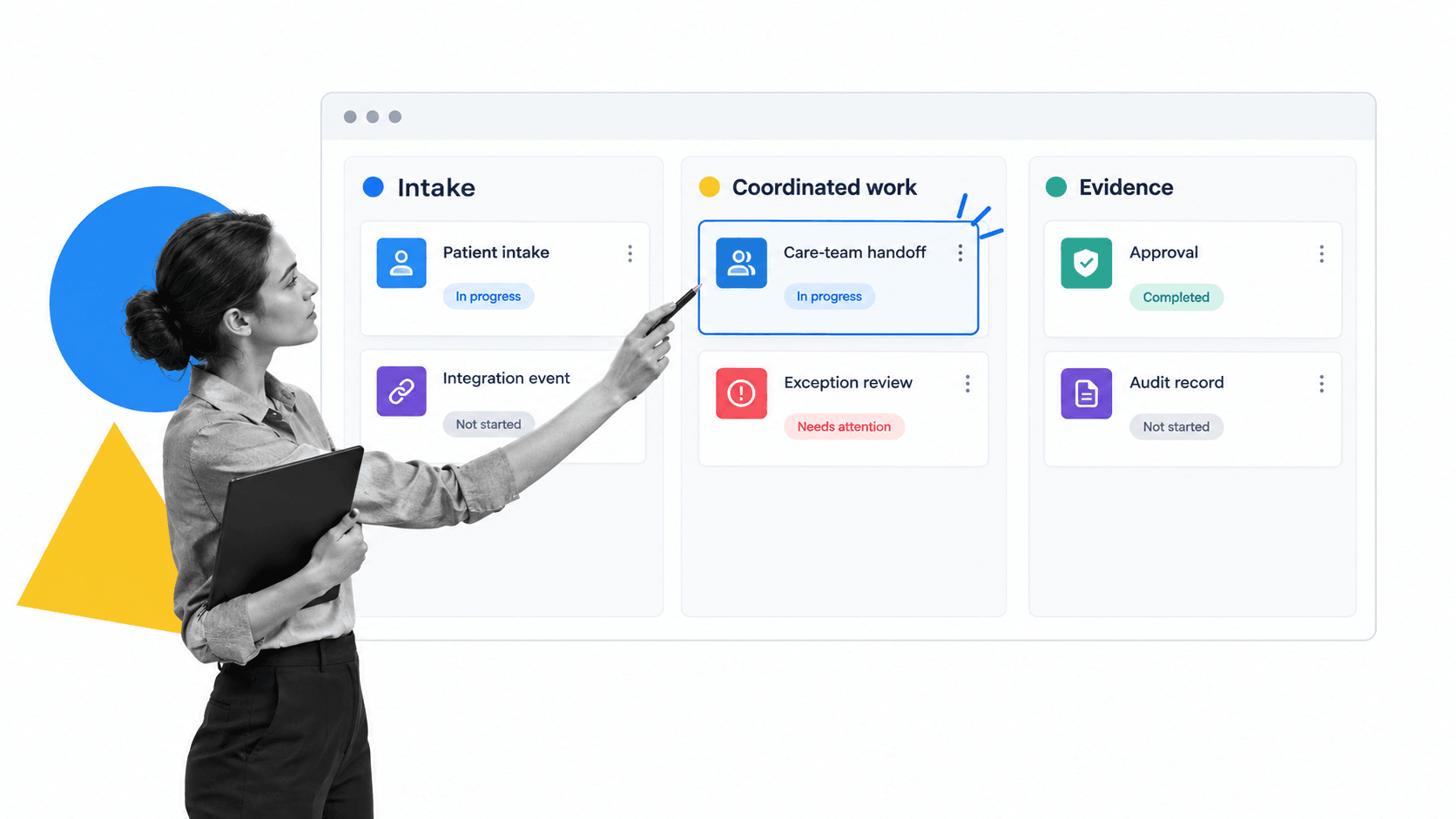 Healthcare platform type workflow board with selected patient intake card