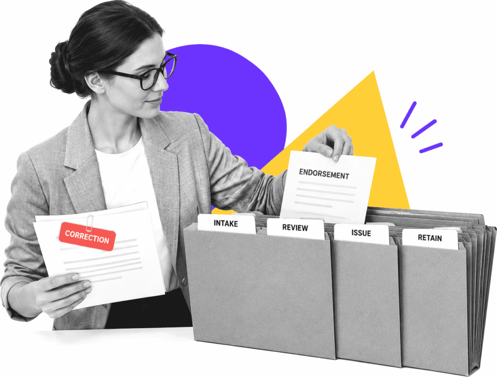 An insurance document controller files an endorsement through intake, review, issue, and retention stages.