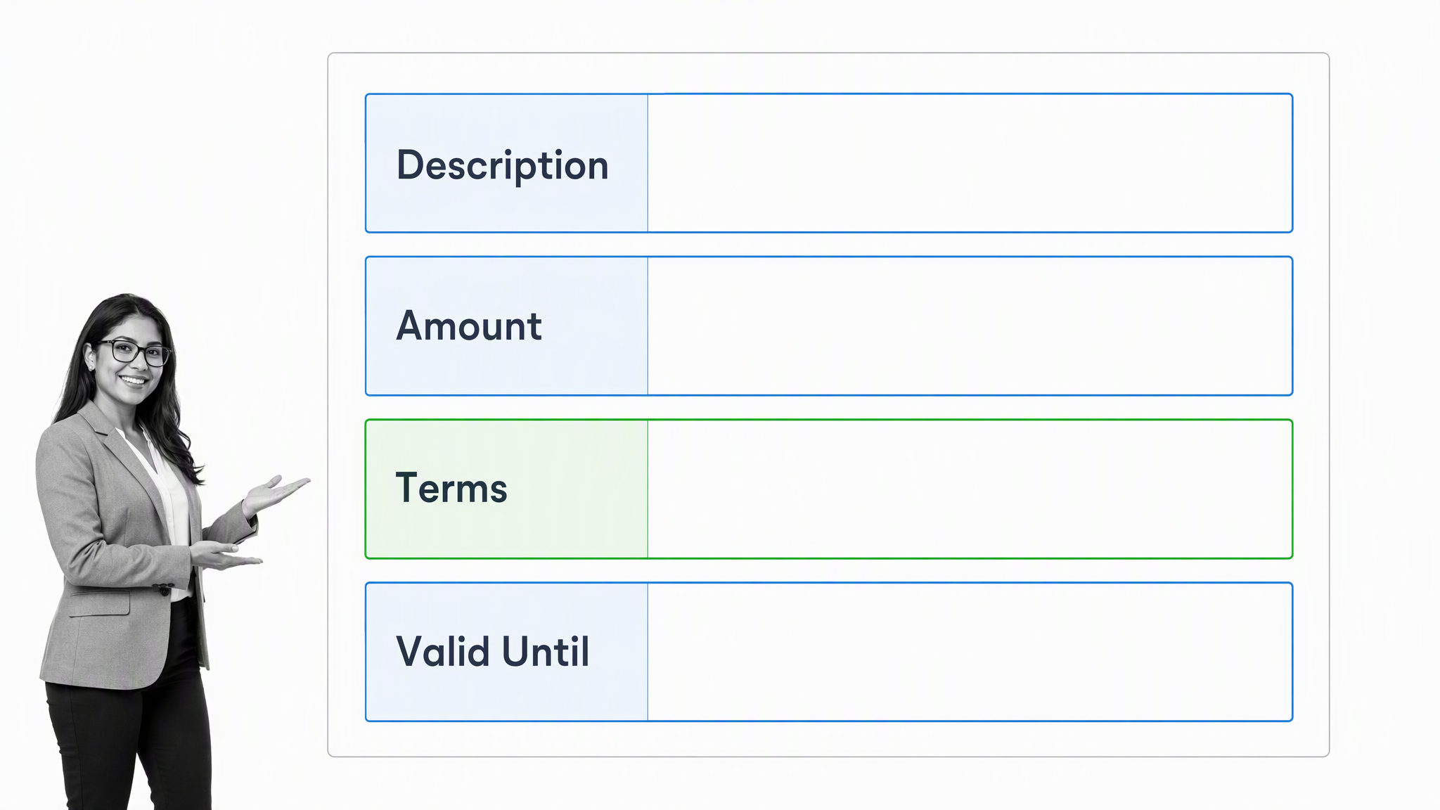 PDF estimate fields for description, amount, terms, and validity date
